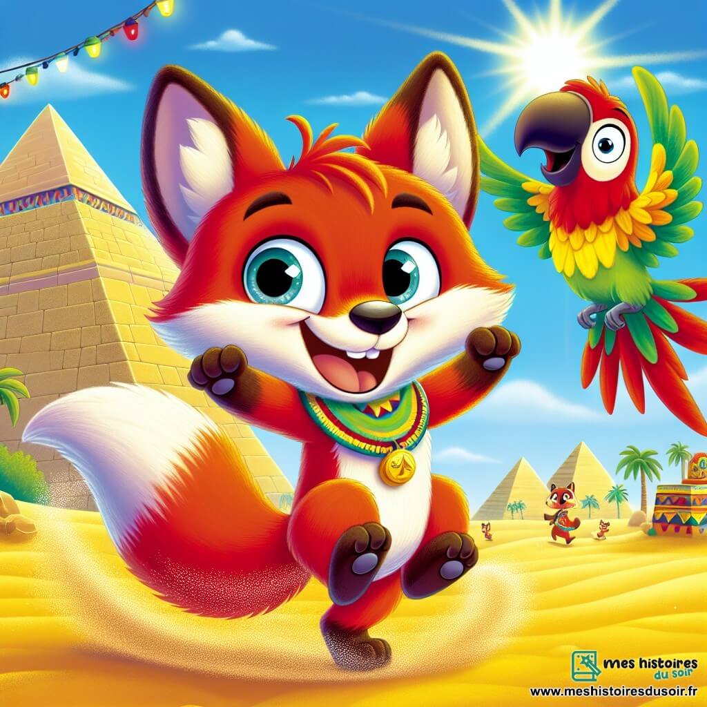 Un petit renard nommé Rémi, avec un pelage roux et de grands yeux curieux, danse joyeusement dans le sable près des pyramides d’Égypte. Il sourit, ses pattes levées, tournant sur lui-même, entouré de grains de sable scintillants. À ses côtés, un perroquet coloré nommé Pipo bat des ailes avec enthousiasme et crie des mots d'encouragement. En arrière-plan, les pyramides se dressent sous un ciel bleu, illuminées par le soleil, tandis qu'une fête joyeuse se déroule avec d'autres animaux dansants et des lanternes colorées. La scène montre Rémi dansant, entouré d'amis qui l'encouragent, créant une atmosphère festive et joyeuse.