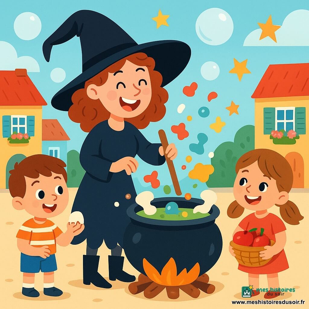 Zozo la sorcière est une femme joyeuse avec un grand chapeau noir et des bottes qui couinent. Elle a des cheveux bouclés et un large sourire. Elle mélange des ingrédients colorés dans un chaudron au centre d'une place animée. À ses côtés, Petit Léo, un garçon de 7 ans, casse des œufs avec soin, tandis que Mila, une fille de 6 ans, tient une corbeille de pommes rouges. La place est charmante, entourée de maisons colorées et de fleurs éclatantes. Des bulles flottent dans l'air, créant une atmosphère magique. Zozo et les enfants préparent une fête magique, avec des rires et des ingrédients qui volent autour d'eux, tandis que des étoiles en papier tombent du ciel.