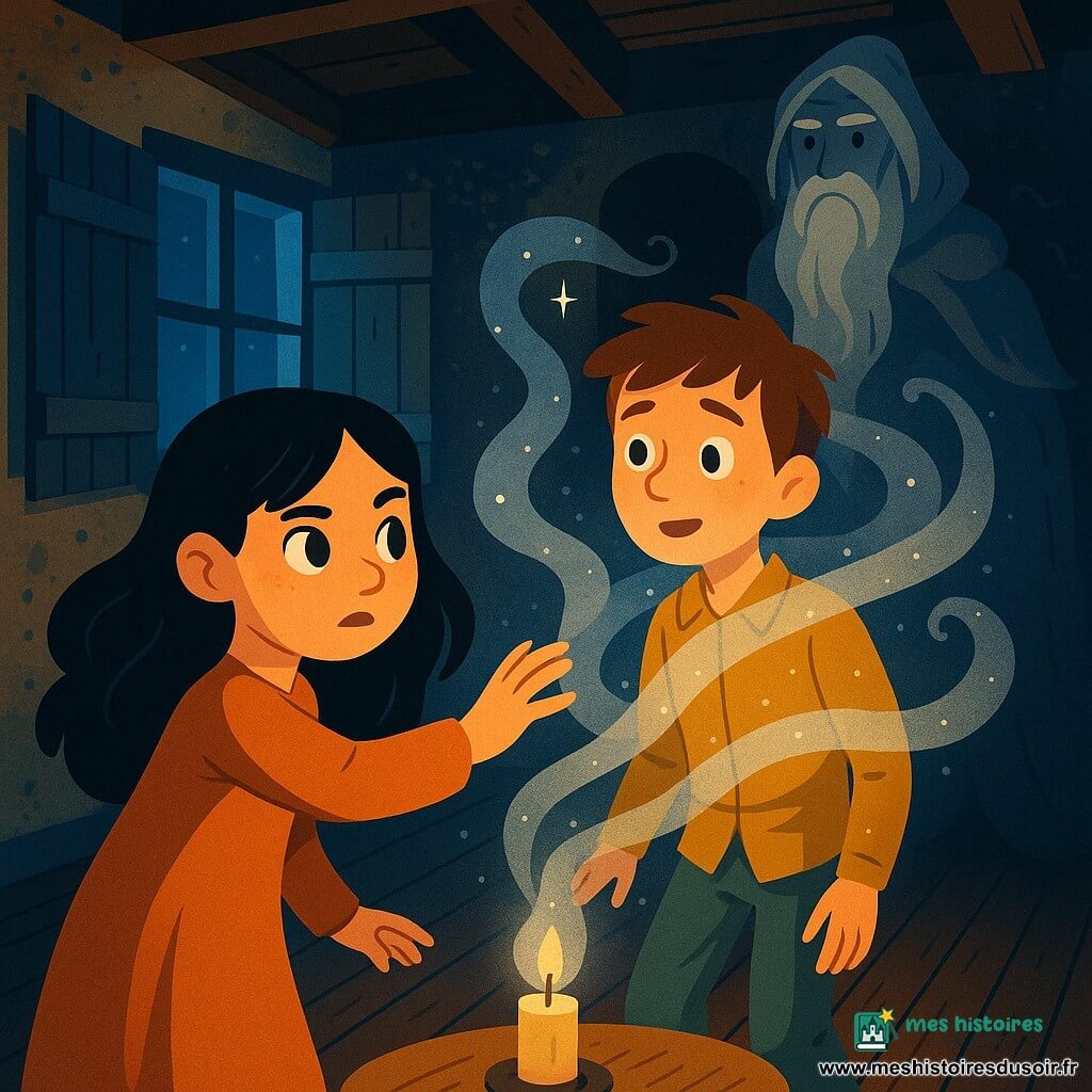 Lucie, 10 ans, visage rond et taches de rousseur, cheveux noirs longs légèrement ondulés, yeux grands et déterminés, tend la main pour toucher une brume argentée qui entoure son ami Léon, 10 ans, châtain aux vêtements froissés, visage soulagé et surpris, pris dans une volute de brume scintillante au centre d'une vieille maison en bois aux poutres apparentes et plancher sombre; une chandelle tremble sur une table ronde, murs poussiéreux et volets entrouverts laissant filtrer une lumière de lune bleutée; en arrière, le gardien des brumes, un vieil homme d'environ 70 ans à la longue barbe blanche et cape de volutes grises, observe avec un regard bienveillant et mystérieux; Lucie brave la brume pour libérer Léon tandis que des filets argentés et éclats lumineux dissèchent le brouillard, atmosphère à la fois inquiétante et chaleureuse, palettes bleu nuit, argent et touches chaudes de jaune.