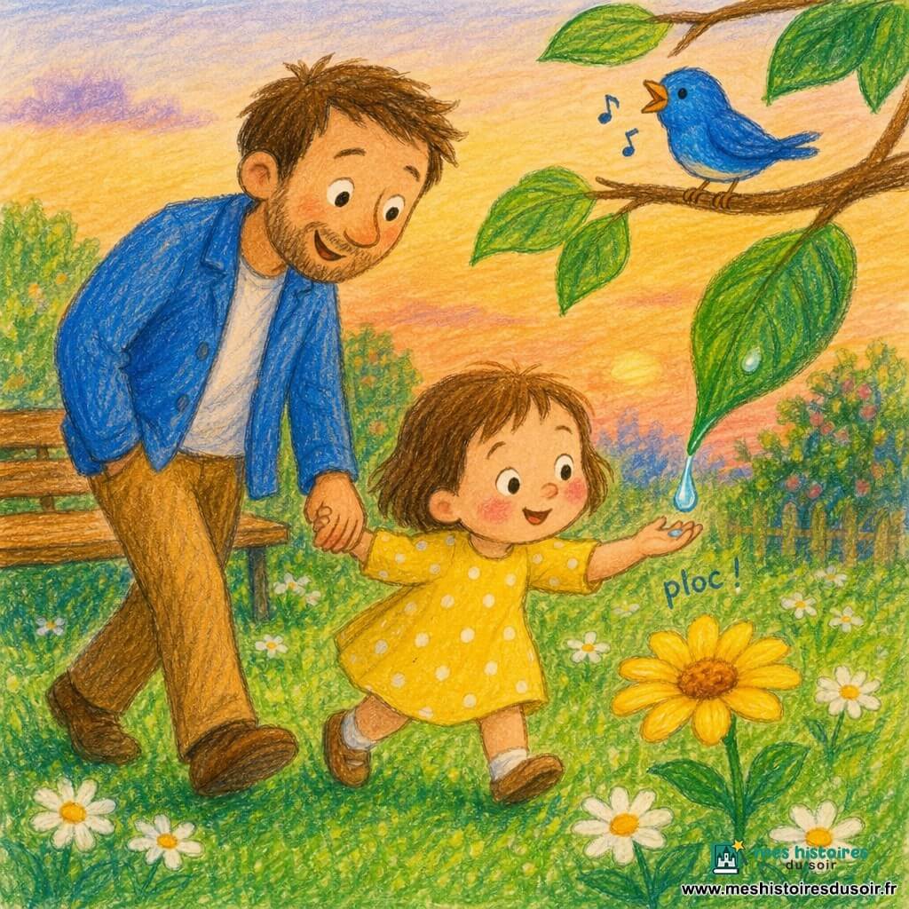 Une fillette de 2 ans joyeuse et curieuse aux cheveux bruns courts et robe jaune à pois marche main dans la main avec son père d'une trentaine d'années, barbe légère et veste bleue, qui sourit en se penchant vers elle près d'un banc en bois ; elle touche une fleur jaune et attrape une goutte d'eau qui tombe « ploc », un petit oiseau bleu chante sur une branche à leur hauteur dans un jardin du soir aux pelouses ponctuées de pâquerettes, lumière douce orangée du crépuscule.