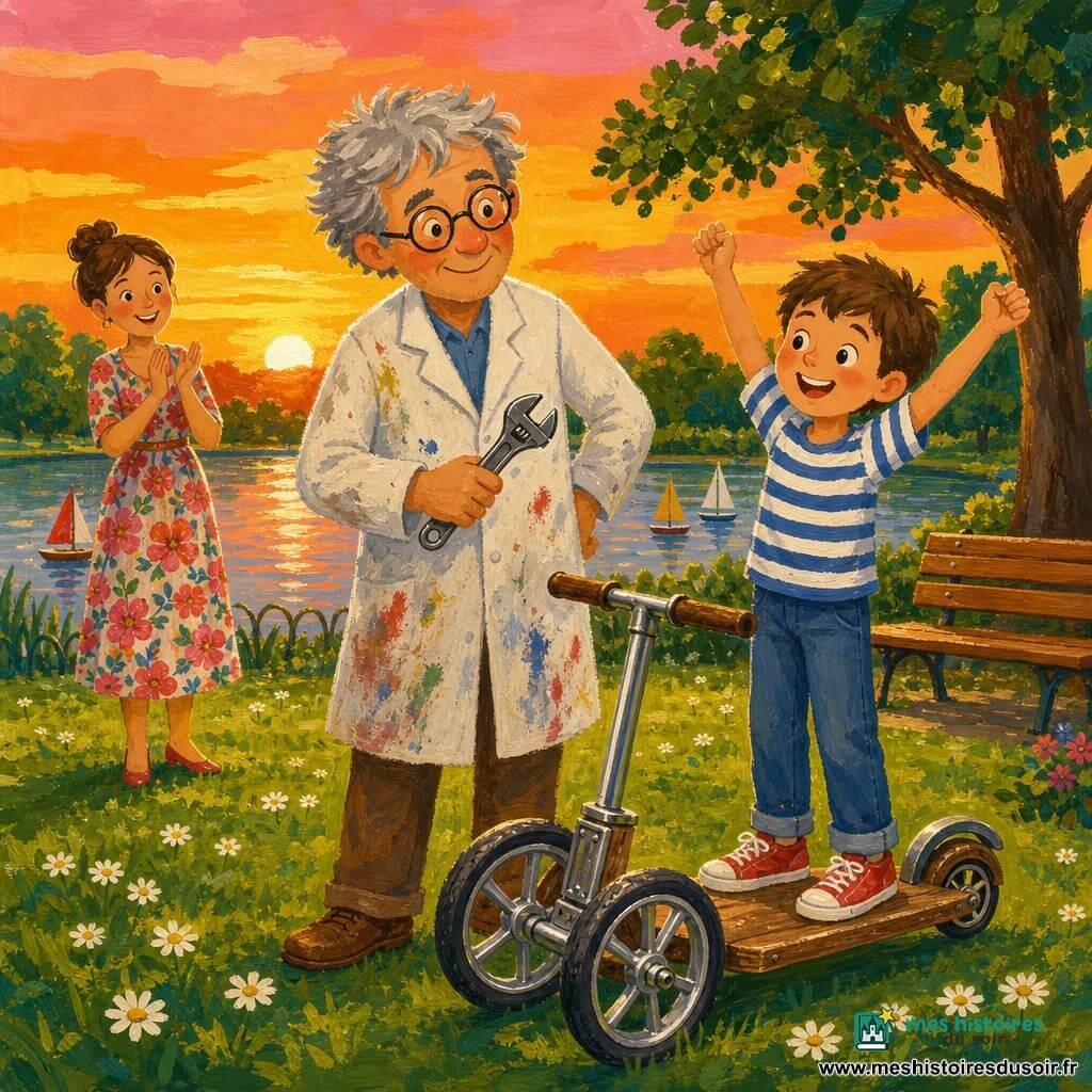 Léon, quinquagénaire aux cheveux gris en bataille et lunettes rondes, sourit en tenant une clé anglaise, fier devant la trottinette; Jules, garçon de 8 ans aux cheveux châtains courts, lève les bras de joie sur la trottinette; Madame Pivoine, quarantaine, chignon et robe à fleurs, applaudit en arrière‑plan près du bassin; décor : petit parc au bord d’un bassin avec voiliers miniatures, herbe ponctuée de pâquerettes et banc en bois, coucher de soleil orangé et rose; la trottinette inventée, au premier plan, a un plateau bas, deux grandes roues avant et une petite arrière en bois patiné et métal brillant; ambiance chaleureuse et guillerette, style gouache aux coups de pinceau visibles, couleurs saturées et rendu enfantin.