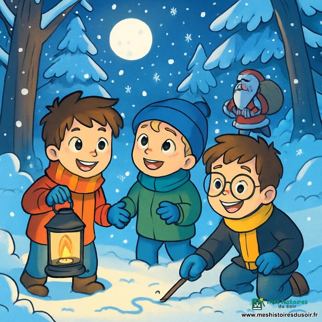 Trois garçons sont présents : Jules, 10 ans, cheveux bruns en bataille, manteau rouge et écharpe rayée, tenant une lanterne ; Maxime, 9 ans, cheveux blonds, joues roses, bonnet bleu et manteau vert, émerveillé par les flocons de neige ; Théo, 10 ans, cheveux châtains, lunettes rondes, manteau noir et écharpe jaune, dessinant dans la neige. Ils se trouvent dans une forêt enchantée sous la lune, entourés d'arbres couverts de neige scintillante. Ils rient et s'émerveillent, tandis qu'un vieil homme mystérieux apparaît au loin avec une hotte pleine de cadeaux.