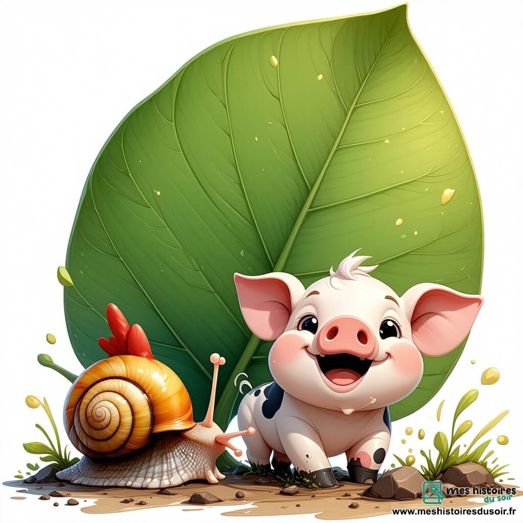 Gaston l'escargot, avec sa coquille colorée, sourit sur une grande feuille verte. À côté, Lili la poule danse, et Paulo le cochon éclabousse de la boue. Mimi la vache rit en courant après sa queue, un peu en retrait. La scène se déroule dans un jardin ensoleillé avec des fleurs et des papillons. Gaston prépare un tour de magie, caché dans sa coquille, tandis que les animaux l'observent, impatients et amusés.