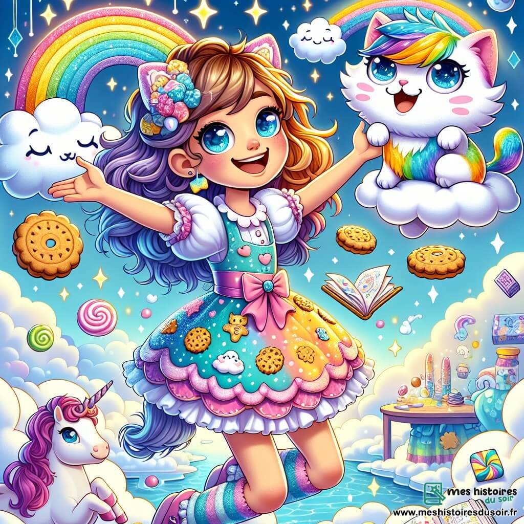 Clara, une fille de 12 ans aux cheveux en bataille et aux yeux curieux, flotte joyeusement dans les airs avec un sourire éclatant. Elle porte une robe colorée ornée de motifs de nuages et de biscuits, tenant un biscuit en forme de chat brillant. À ses côtés, Zigzag, un chat-arc-en-ciel aux poils irisés, se tient sur un nu moelleux, montrant une carte en forme de nuage avec une expression espiègle. Le décor est un monde fantastique de nuages, avec des arcs-en-ciel et des montagnes de bonbons. Clara et Zigzag sont en pleine aventure au-dessus de l'école des nuages, entourés de moutons en uniforme bleu ciel prenant des notes, tandis qu'une tempête de chatouilles se prépare à les surprendre avec des plumes virevoltantes.