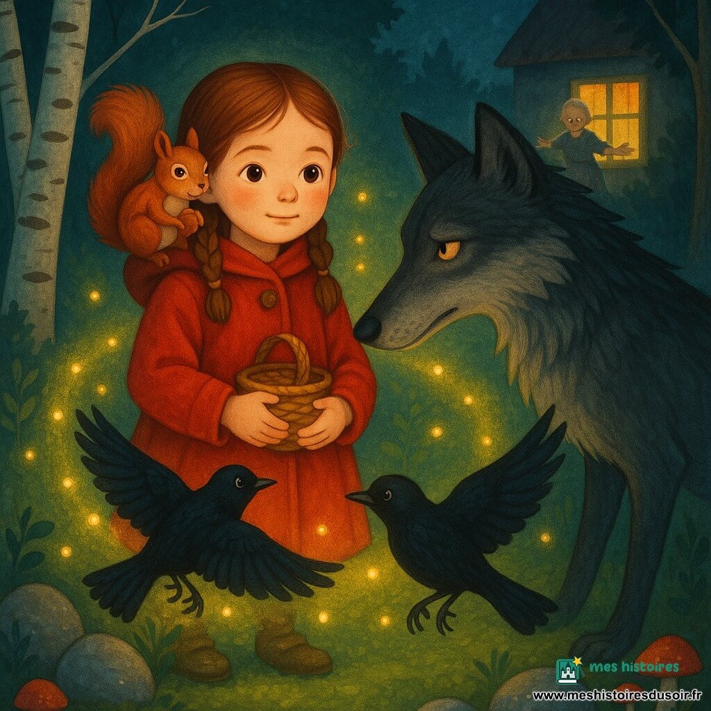 Lucile, 6 ans, calme et courageuse, cheveux châtains en tresses, manteau rouge vif et petit panier serré contre sa poitrine, se tient au centre d’une clairière nocturne entourée d’animaux protecteurs : un grand loup gris foncé aux yeux jaunes recule timidement à l’orée du cercle lumineux, un écureuil roux tient une noisette sur son épaule droite, deux merles noirs volent bas en barrière et plusieurs lucioles dorées forment un anneau lumineux; au loin la grand‑mère d’environ 60 ans, silhouette douce en robe à fleurs, bras ouverts devant une maison à fenêtre chaleureusement éclairée; sol de mousse verte, pierres argentées baignées de lune, troncs de bouleau et champignons au premier plan, ambiance à la fois dramatique et rassurante avec contraste entre le rouge du manteau, les verts profonds de la forêt et le jaune doré des lucioles.