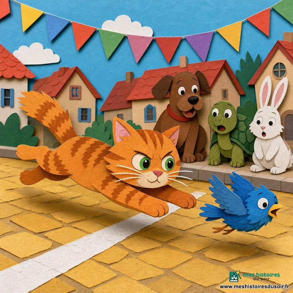 Un chat roux tigré, yeux verts et moustaches blanches, bondit en sprint, queue en panache, pour poursuivre un petit oiseau bleu vif qui vole bas et paraît surpris; un chien brun assis, une tortue à carapace verte et un lapin blanc, alignés derrière une ligne d’arrivée blanche, font office de public, le tout sur une rue de quartier colorée aux maisons en papier découpé aux toits rouges, trottoir pavé jaune et guirlande multicolore, l’instant figé dans des formes nettes exprimant vitesse et surprise.