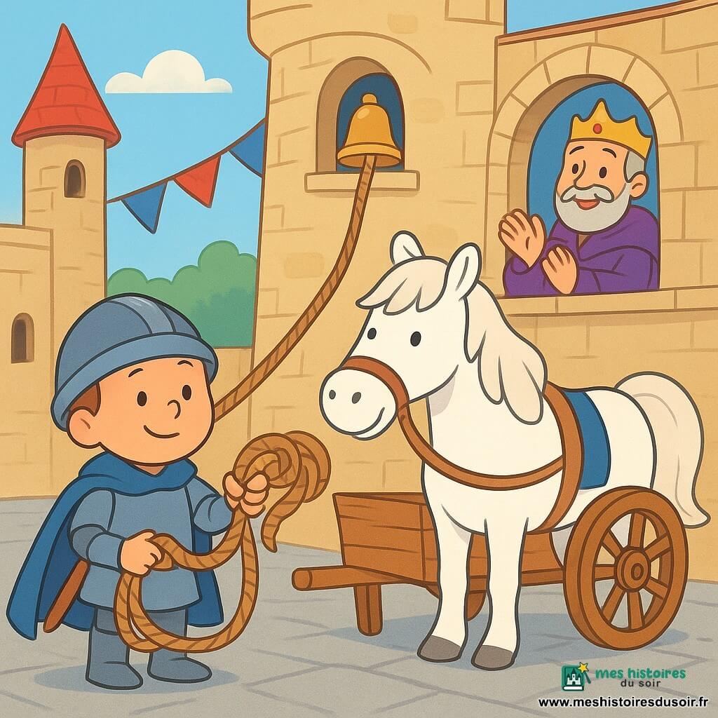 Léo, garçon chevalier calme et souriant, porte une cotte d'armes grise, une cape bleue, un casque rond et une courte épée, il tient une grosse corde nouée et regarde la cloche ; Plume, grand cheval blanc aux crins doux, est attaché près d'une charrette en bois qui supporte la grosse cloche dorée ; le roi, homme d'environ 55 ans en robe pourpre et couronne dorée, applaudit depuis un balcon en pierre surplombant la cour du château aux pavés gris et tours beiges, avec fanions rouges et bleus ; lumière douce de fin de matinée, couleurs vives, atmosphère sûre et joyeuse.