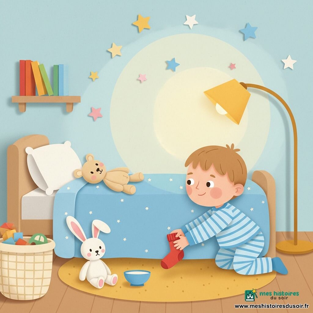 Un garçon de 2 ans, souriant et curieux, cheveux châtain clair en petite coupe, en pyjama rayé bleu et blanc, ramasse une chaussette rouge tombée du lit; un doudou beige aux yeux cousus est posé sur la couverture, une peluche lapin blanche à une oreille décalée près d’un bol bleu vide le regarde, une lampe de chevet jaune projette une douce lumière sur le mur bleu pâle avec des étoiles en papier au-dessus du lit; la petite chambre chaleureuse (tapis moutarde, étagère en bois clair, panier à jouets tissé) montre un moment calme et drôle au coucher — il suit la chaussette, remet l’oreille au lapin et serre son doudou avant de se glisser sous la couette, expression rieuse et apaisée; style visuel : formes simples et arrondies, couleurs pastel saturées, textures papier visibles, contours nets, lumière douce et contrastes délicats.