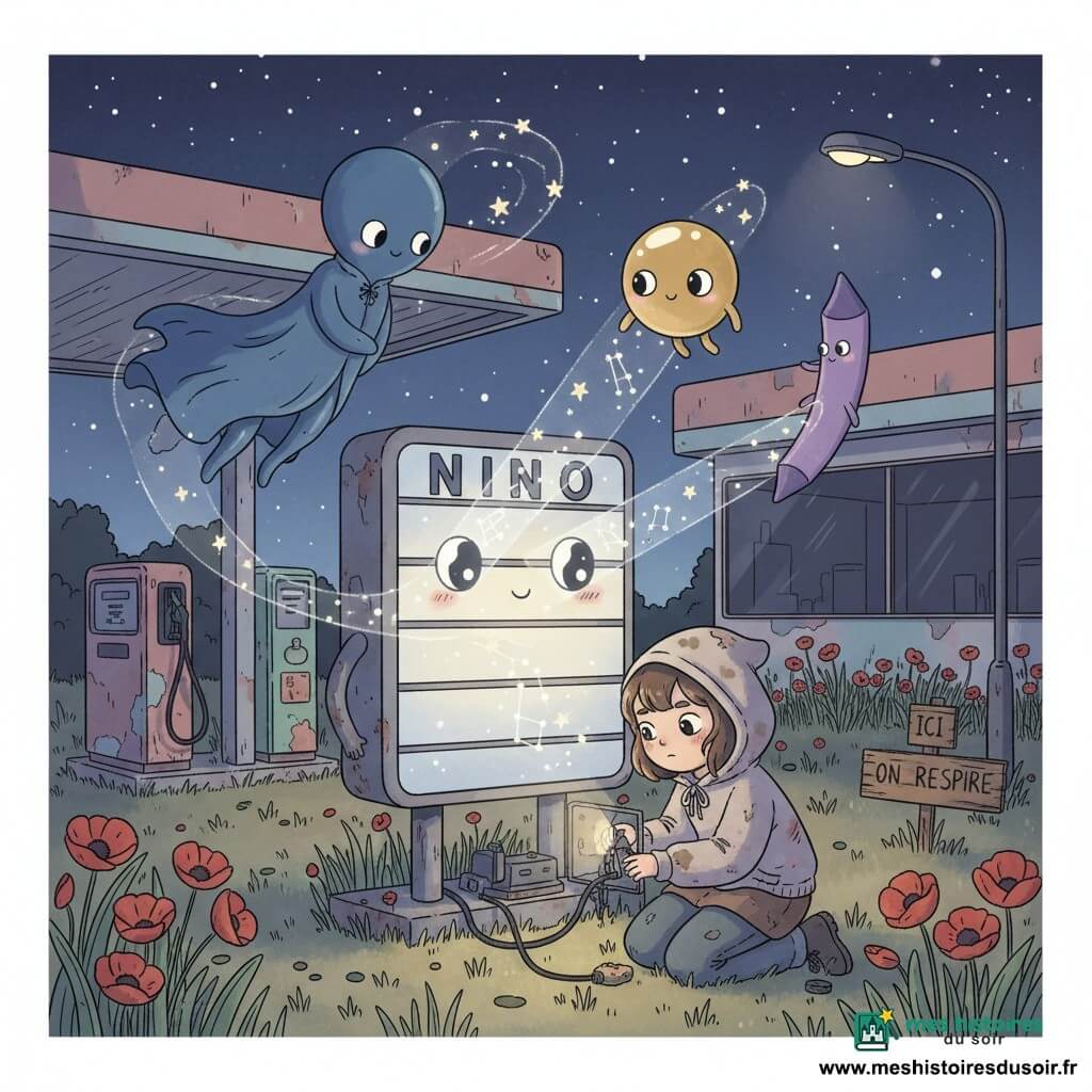 Nino, un panneau lumineux anthropomorphe un peu rouillé aux lettres effacées, regarde la scène en diffusant de faibles constellations scintillantes ; Lina, adolescente en capuche trop grande et vêtements sales, à genoux répare un boîtier électrique avec une petite lampe, tandis que trois créatures extraterrestres lumineuses (une grande silhouette au manteau bleu nuit, une bulle dorée ronde et une fine forme en crayon violet) flottent en dessinant des motifs d’étoiles ; lieu : vieille station-service nocturne aux pompes craquelées, terrain vague envahi d’herbes et de coquelicots, ciel très étoilé, ambiance intime, chaleureuse, mystérieuse et pleine d’espoir, lumières douces et couleurs pastel (bleus, violets, dorés).