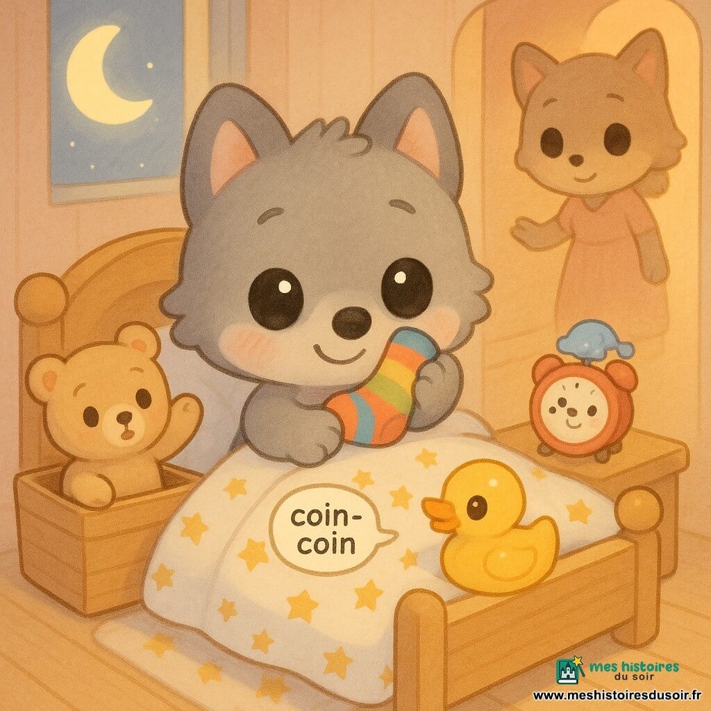 Petit Loup, une peluche-loup vivante au pelage gris clair et aux grandes oreilles rondes, est assis dans son lit en serrant une chaussette colorée contre sa joue comme doudou ; un ours en peluche beige au regard surpris est posé dans une boîte à jouets ouverte à côté, un petit canard jaune brillant fait "coin-coin" sur la couverture étoilée et un réveil rouge souriant porte un minuscule bonnet bleu. Maman Loup, silhouette douce en robe pastel, apparaît à la porte prête à donner un bisou ; la chambre rose pâle, petite et chaleureuse, avec une lune peinte au-dessus du lit et une faible lumière de lune, dégage une atmosphère calme et cocooning alors que Petit Loup arrange la couverture, retrouve les étoiles dessinées dessous et rit doucement.