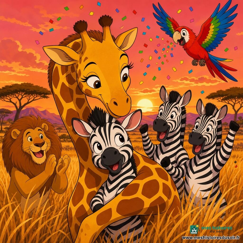 Gigi la girafe sourit bienveillante, cou courbé pour entourer affectueusement Ziggy, un jeune zèbre joyeux et surpris, les parents zèbres heureux derrière lui, Léo le lion à gauche applaudissant, Polly le perroquet coloré volant au-dessus et lançant des confettis ; scène de savane dorée au coucher du soleil avec herbe ondulante, acacias en silhouette et montagnes lointaines, ambiance chaleureuse et festive, couleurs saturées, contours nets, style dessin animé années 90, composition centrée et lisible pour enfants.
