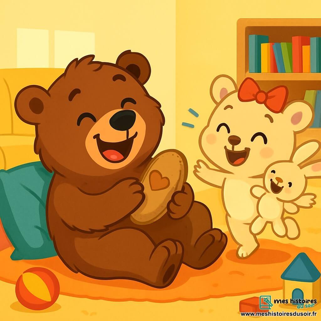 Un grand ours brun, Grand Frère Ours, sourit avec des yeux pétillants de malice, allongé sur un tapis moelleux entouré de coussins colorés, riant tout en tenant un vieux chausson en forme de cœur. À côté de lui, sa petite sœur, Oursine, un ours plus petit avec un pelage crème et des joues roses, saute joyeusement, portant un petit nœud rouge sur la tête et tenant son doudou, Monsieur Lapin. Le salon est chaleureux, avec des murs jaunes pastel et des jouets éparpillés. Les deux ours sont en pleine mission secrète, riant, tandis qu'Oursine essaie de récupérer le chausson magique que Grand Frère Ours protège.