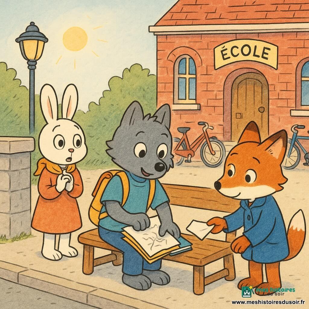 Léo, petit loup anthropomorphe gris au regard inquiet puis soulagé, tient un dessin froissé qu'il glisse dans un carnet ; à gauche, Mia, petite lapine blanche au foulard jaune, surprise puis rassurée, mains croisées ; à droite, Tom, petit renard roux au manteau bleu, timide, tend la feuille pliée ; scène devant le portail d'une école en briques avec un muret bas, quelques vélos et un lampadaire, ciel clair et rayon de soleil ; atmosphère calme et bienveillante, gestes de réparation et regards apaisés, style enfantin aux traits nets, couleurs vives et textures crayon.