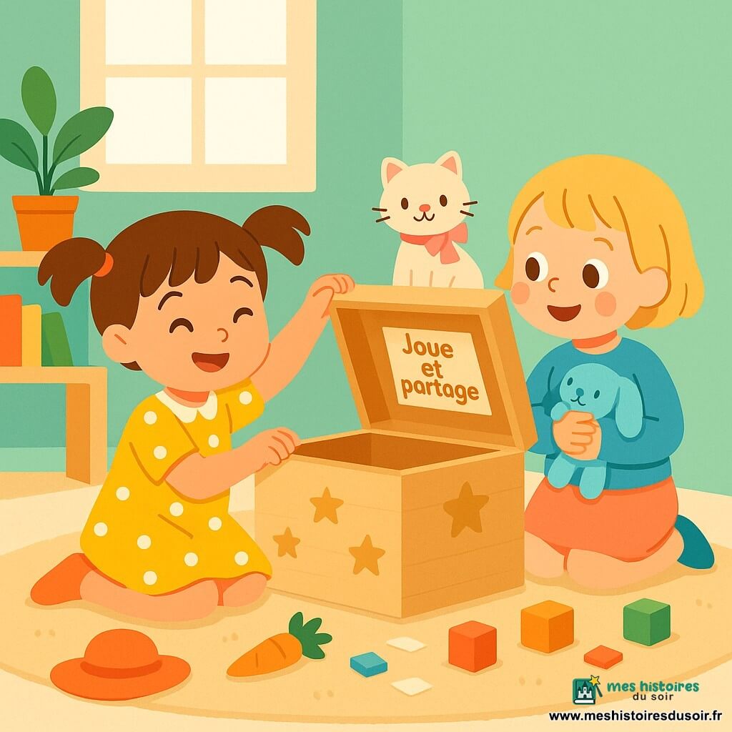 Trois personnages dans une chambre d'enfant lumineuse : Lina, 4 ans, cheveux bruns en couettes, robe jaune à pois blancs, agenouillée à gauche, souriante et levant doucement le couvercle d'un coffre en bois ; Mimi, 4 ans, cheveux blonds courts, pull bleu clair et jupe rose, à droite, serrant un doudou bleu et regardant Lina avec joie ; un petit chat en peluche crème au ruban rose posé sur le bord du coffre. Les deux petites détectives viennent d'ouvrir le coffre et ont retrouvé le doudou, mains presque jointes, jouets éparpillés autour (chapeau, carotte en tissu, blocs colorés), une note sur le couvercle indiquant « Joue et partage », tapis beige, murs vert menthe, lumière chaude par la fenêtre et coussins formant une cabane ; ambiance joyeuse et tendre, couleurs vives et contours nets, composition centrée sur le coffre et les visages.
