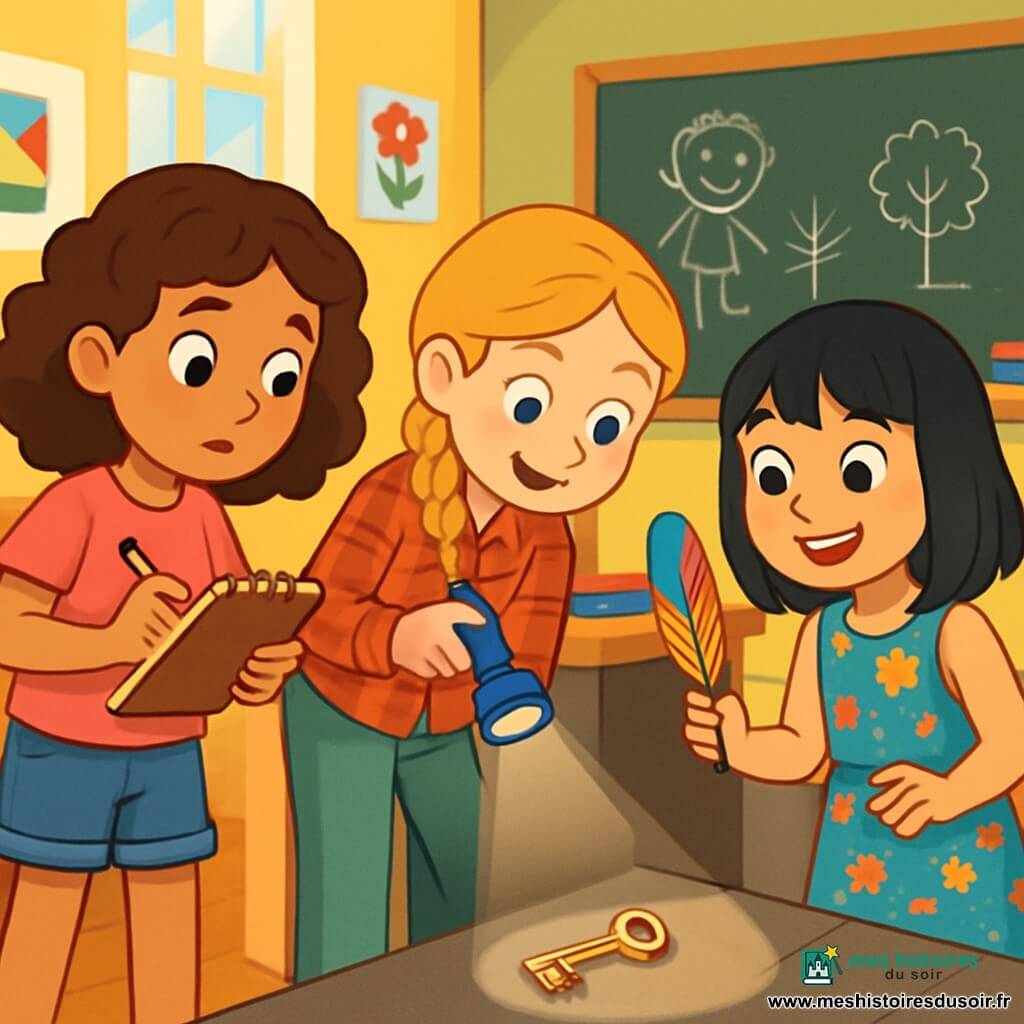 Trois personnages sont présents : Léa, une fille de 8 ans aux cheveux bruns et bouclés, en t-shirt rose et short en jean, qui prend des notes ; Inès, également âgée de 8 ans, avec des cheveux blonds tressés, en chemise à carreaux et pantalon vert, qui explore avec une mini lampe-clip ; et Zoé, avec des cheveux noirs et lisses, en robe à fleurs, tenant une plume colorée et souriante. Elles se trouvent près d'un bureau en bois dans une salle de classe lumineuse avec des murs jaunes et des affiches colorées. Les livres sont éparpillés et un tableau noir est couvert de dessins. Elles examinent une clé dorée trouvée dans un coin, concentrées et prêtes à résoudre le mystère.