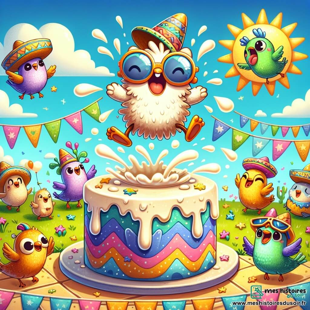 Illustration d'un petit être poilu, rond, aux yeux pétillants et au grand sourire, sautant joyeusement dans les airs et éclaboussant de crème des pigeons colorés dansant autour d'un gâteau en forme d'étoile. Une petite souris malicieuse, portant un chapeau trop grand, rit en observant la scène, tandis qu'un dragon miniature fait des bulles de savon au-dessus du gâteau. Le lieu est un toit ensoleillé décoré de guirlandes et entouré de nuages, avec un grand gâteau étoilé au centre. La scène montre le petit être poilu faisant une pirouette joyeuse, tandis que les pigeons, en lunettes de soleil et sombreros, dansent autour de lui, créant une ambiance festive. Des éclats de crème, des bulles de savon et des rires colorés ajoutent à l'atmosphère joyeuse de cette fête inattendue.