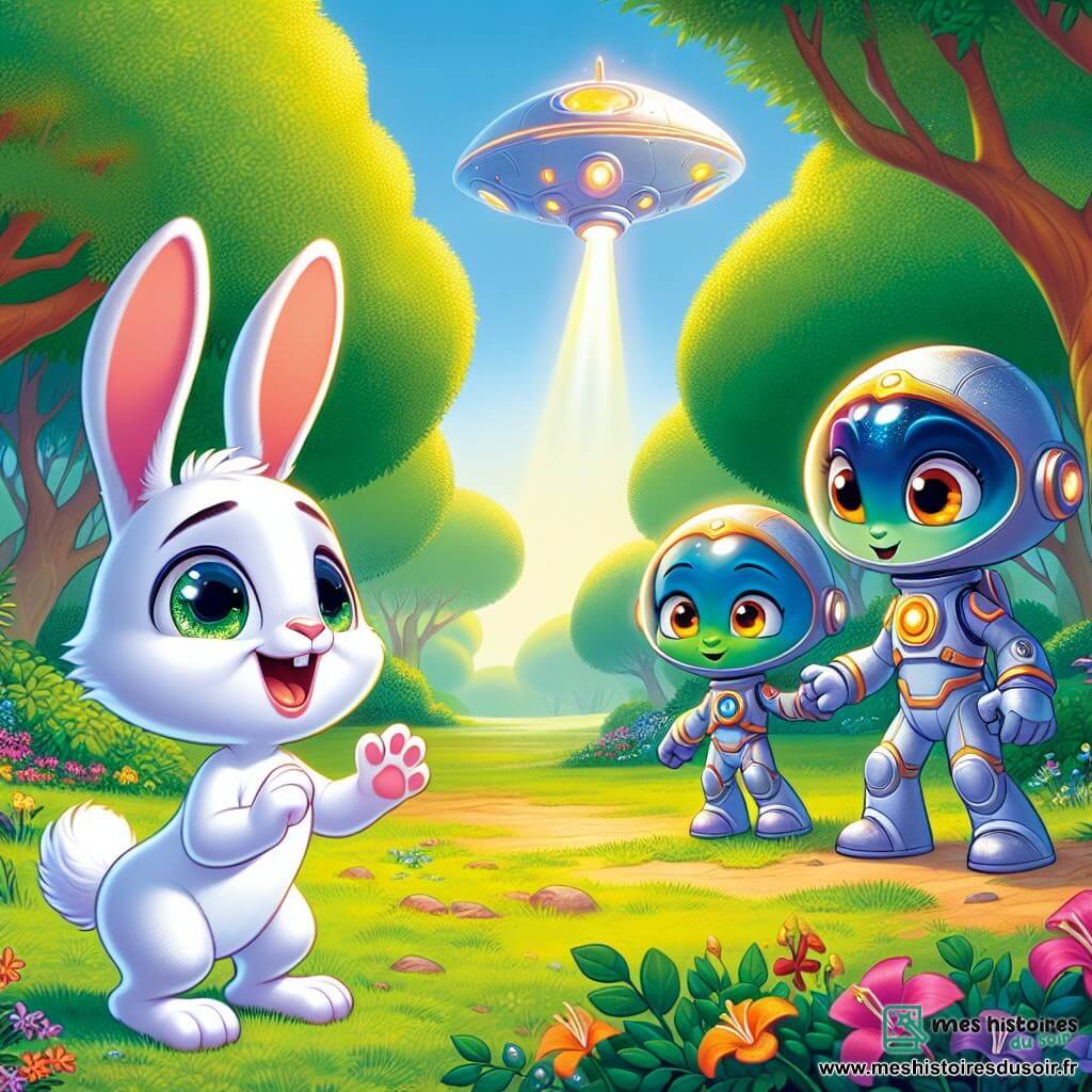 Dans une clairière ensoleillée de la forêt, un petit lapin blanc nommé Léo, aux grandes oreilles et aux yeux pétillants, observe avec émerveillement un vaisseau spatial brillant qui vient d'atterrir. À ses côtés, deux extraterrestres aux peaux bleu vif, Ziri et Toko, s'approchent avec un sourire amical. Ziri, plus grand, porte une combinaison scintillante, tandis que Toko, plus petit, brandit un appareil lumineux. La clairière est entourée d'arbres majestueux et de fleurs colorées, sous un ciel bleu parsemé de nuages. Cette scène illustre la rencontre entre Léo, Ziri et Toko, symbolisant une amitié naissante.
