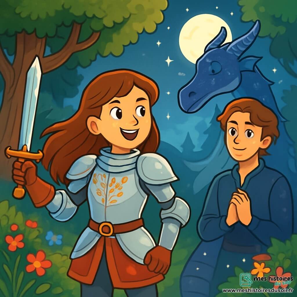 Liana, une jeune chevaleresse, se tient fièrement dans une clairière, ses longs cheveux châtains flottant au vent. Elle porte une armure ornée de motifs floraux et brandit une épée scintillante, prête à affronter le danger. À ses côtés, un dragon majestueux se transforme en Arion, un jeune homme de vingt ans aux traits nobles et aux yeux brillants de gratitude, qui l'observe avec admiration. La clairière est entourée d'arbres aux troncs noueux et de fleurs sauvages colorées, sous la lumière de la lune qui crée une atmosphère magique. Liana et Arion vivent un moment décisif où bravoure et compassion se rencontrent pour briser une malédiction.