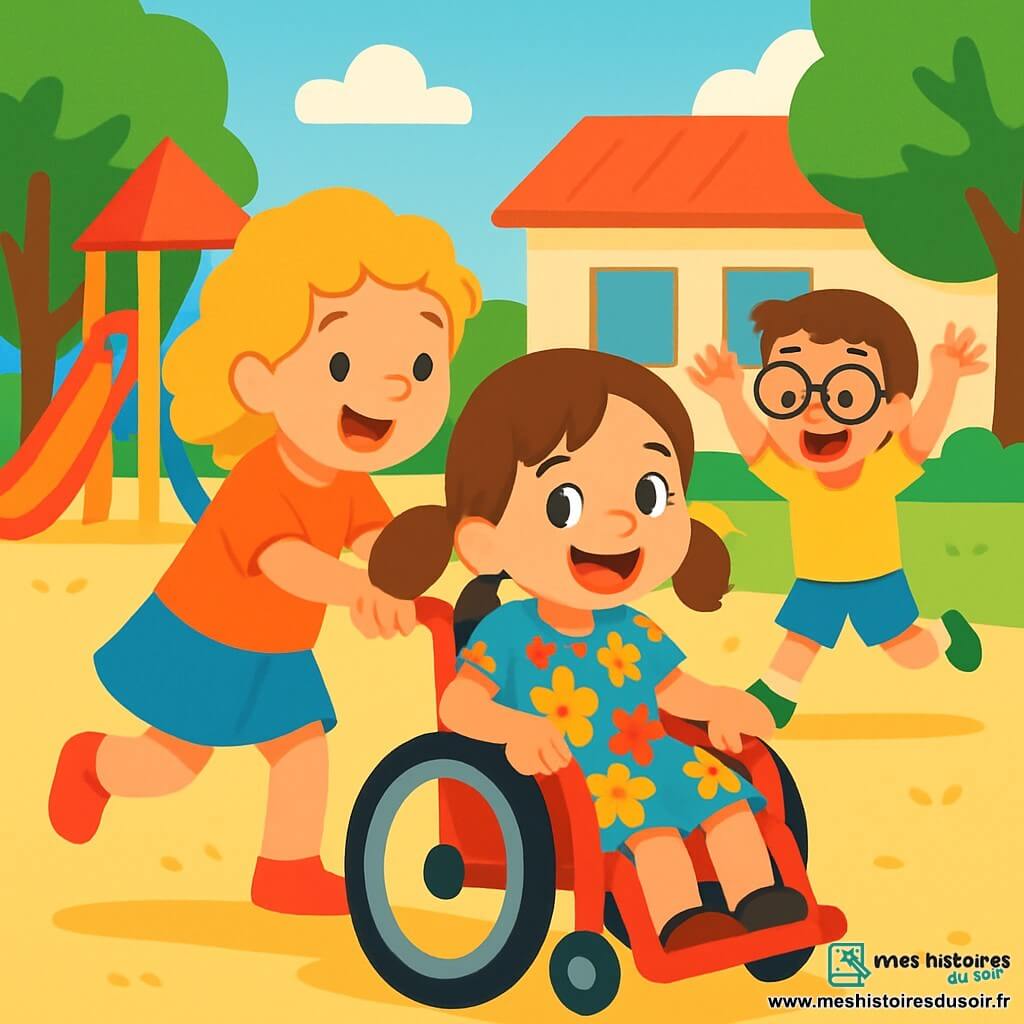 Une petite fille de 4 ans, Lou, souriante, est assise dans son fauteuil roulant rouge. Elle a de longs cheveux châtains en couettes et porte une robe à fleurs. Lou regarde ses amis avec excitation. À côté d'elle, Jade, 4 ans, aux cheveux bouclés et blonds, pousse doucement le fauteuil de Lou. Hugo, 5 ans, avec des lunettes et des cheveux bruns, lève les bras, prêt à courir. La scène se déroule dans la cour de récréation d'une école, entourée d'arbres et de jeux colorés, avec un sol en sable doré. Lou et ses amis jouent ensemble, créant une atmosphère joyeuse.