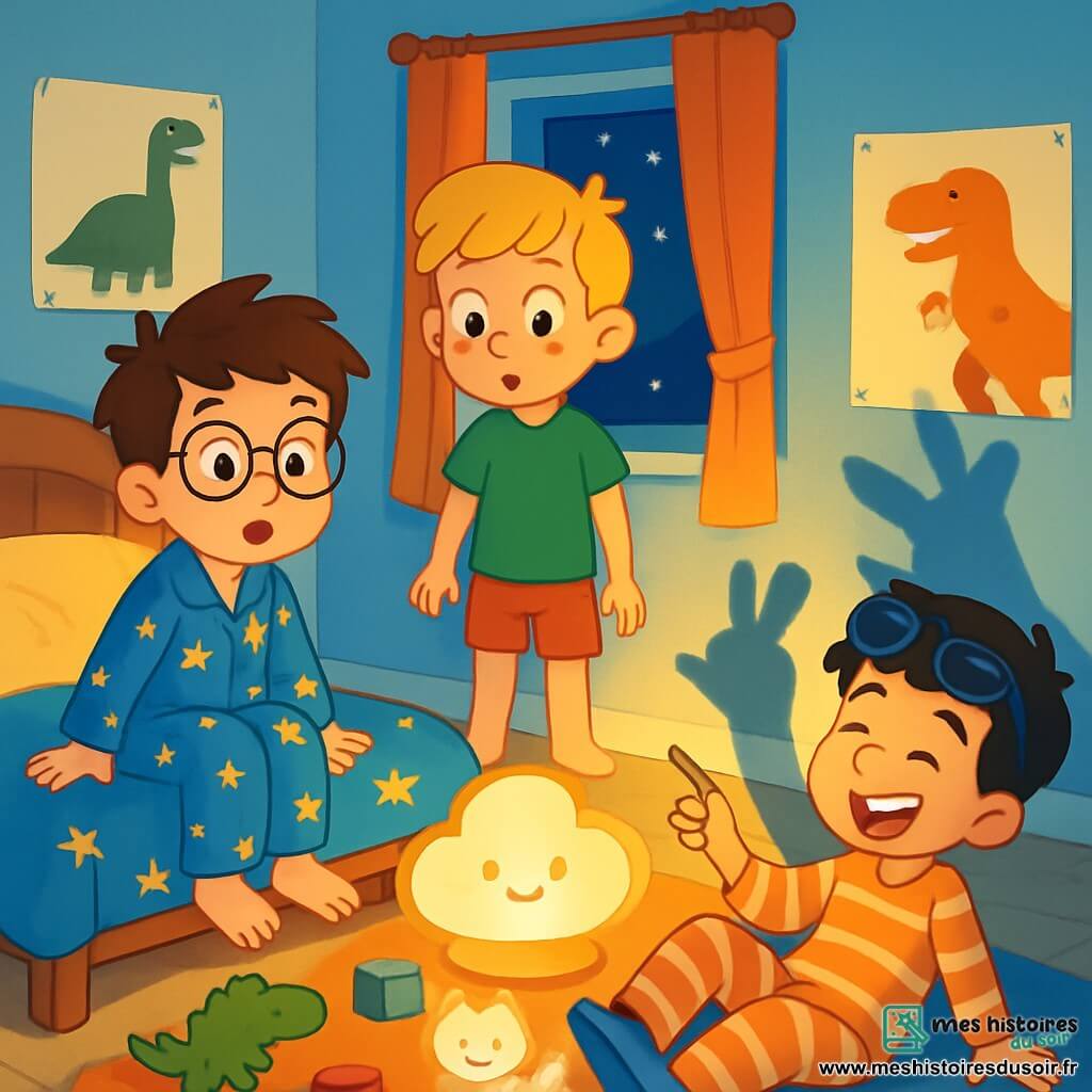 Il y a trois personnages : Tom, un garçon de 9 ans avec des cheveux bruns en bataille et des lunettes rondes, assis sur son lit en pyjama bleu à étoiles, surpris ; Léo, également âgé de 9 ans, avec des cheveux blonds et des taches de rousseur, debout près de la fenêtre en t-shirt vert et short rouge, curieux de la lumière de la veilleuse ; et Sami, un autre garçon de 9 ans, avec des cheveux noirs et des lunettes de soleil sur la tête, allongé sur le tapis en pyjama rayé, riant en pointant une ombre sur le mur. La scène se déroule dans une chambre d’enfant chaleureuse aux murs bleu clair, avec des posters de dinosaures, un grand lit recouvert d’une couette étoilée, des jouets éparpillés, et une veilleuse en forme de nuage diffusant une lumière douce. Les trois amis découvrent la magie des ombres projetées par la veilleuse, riant ensemble, tandis qu'un petit chat lumineux, Lumi, les observe.