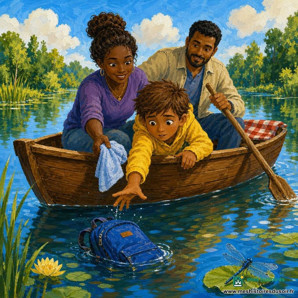 Un garçon de 8 ans au visage rond et cheveux châtain clair ébouriffés tend la main vers un petit sac à dos bleu flottant sur l'eau depuis un bateau en bois ; sa mère d'environ 35 ans, cheveux bruns en chignon et sourire doux, lui tend une serviette tandis que le père d'environ 37 ans, barbe courte, rame d'une main et stabilise le bord de l'autre ; le lac calme aux reflets verts et bleus, roseaux et nénuphars en lisière, une libellule posée sur une feuille, lumière chaude, détails de bois veiné, petites éclaboussures et couverture à carreaux rouge et blanc sur la poupe créent une ambiance tendre et rassurante.