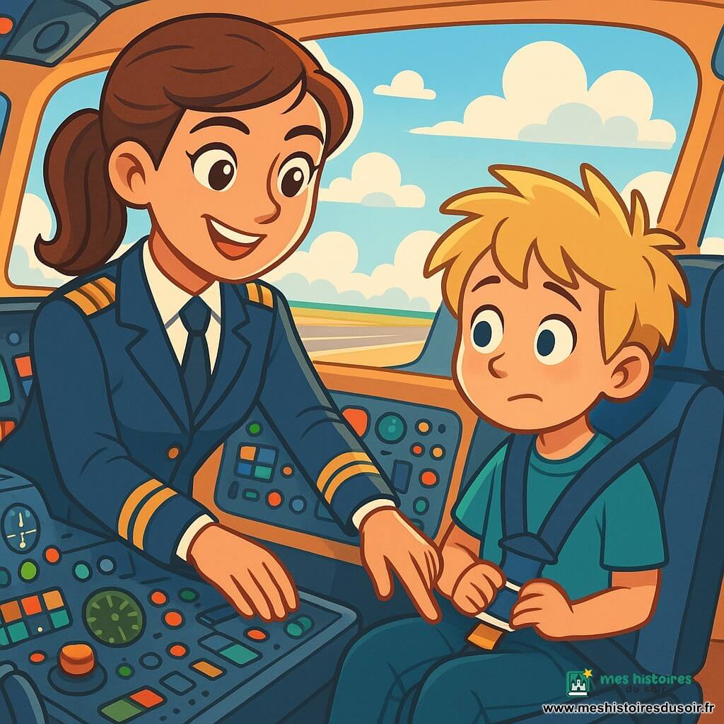 Une femme pilote, Léa, souriante et confiante, porte un uniforme bleu marine avec des épaulettes dorées. Ses cheveux châtains sont attachés en queue de cheval, et ses yeux brillent d'excitation. Elle se tient dans le cockpit d'un avion, prête à décoller, aux côtés d'un garçon nommé Milo, âgé d'environ 8 ans, qui observe avec curiosité les instruments de vol. Le cockpit est rempli de lumières clignotantes, et un grand hublot montre un ciel bleu avec des nuages blancs. Léa explique à Milo l'importance de la ceinture de sécurité, tandis que l'avion roule sur la piste, prêt à s'envoler vers de nouvelles aventures.