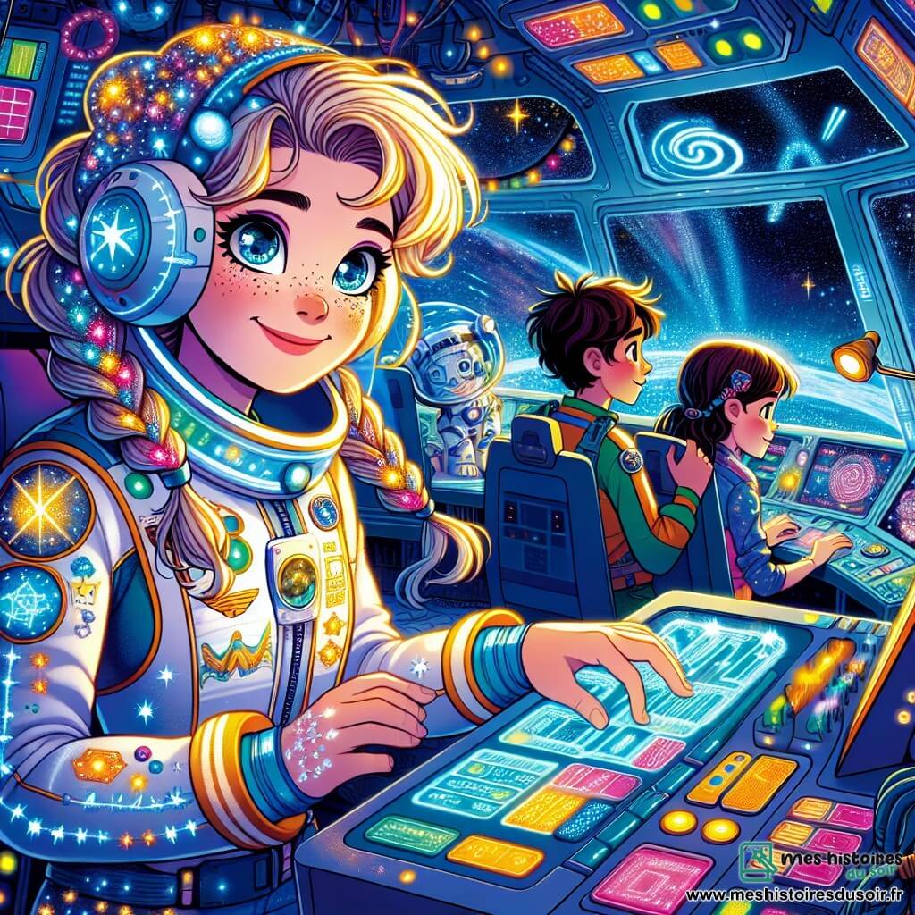 Stella, une femme déterminée aux yeux pétillants, porte une combinaison spatiale brillante dans la salle de commande de son vaisseau. Elle observe un écran holographique avec émerveillement, les mains sur les commandes. À côté d'elle, Léo, un garçon de 12 ans aux cheveux ébouriffés et lunettes rondes, se concentre sur le pilotage. Mia, une fille de 10 ans aux cheveux tressés, ajuste des outils sur une console. Zeta, un robot scientifique, flotte autour d'eux, analysant les données. La salle est remplie de panneaux lumineux et d'écrans affichant des cartes stellaires, tandis qu'à l'extérieur, l'espace est parsemé d'étoiles et d'une nébuleuse colorée. Ils découvrent un mystérieux signal lumineux sur les écrans, une porte vers un autre univers, et se préparent à explorer l'inconnu.