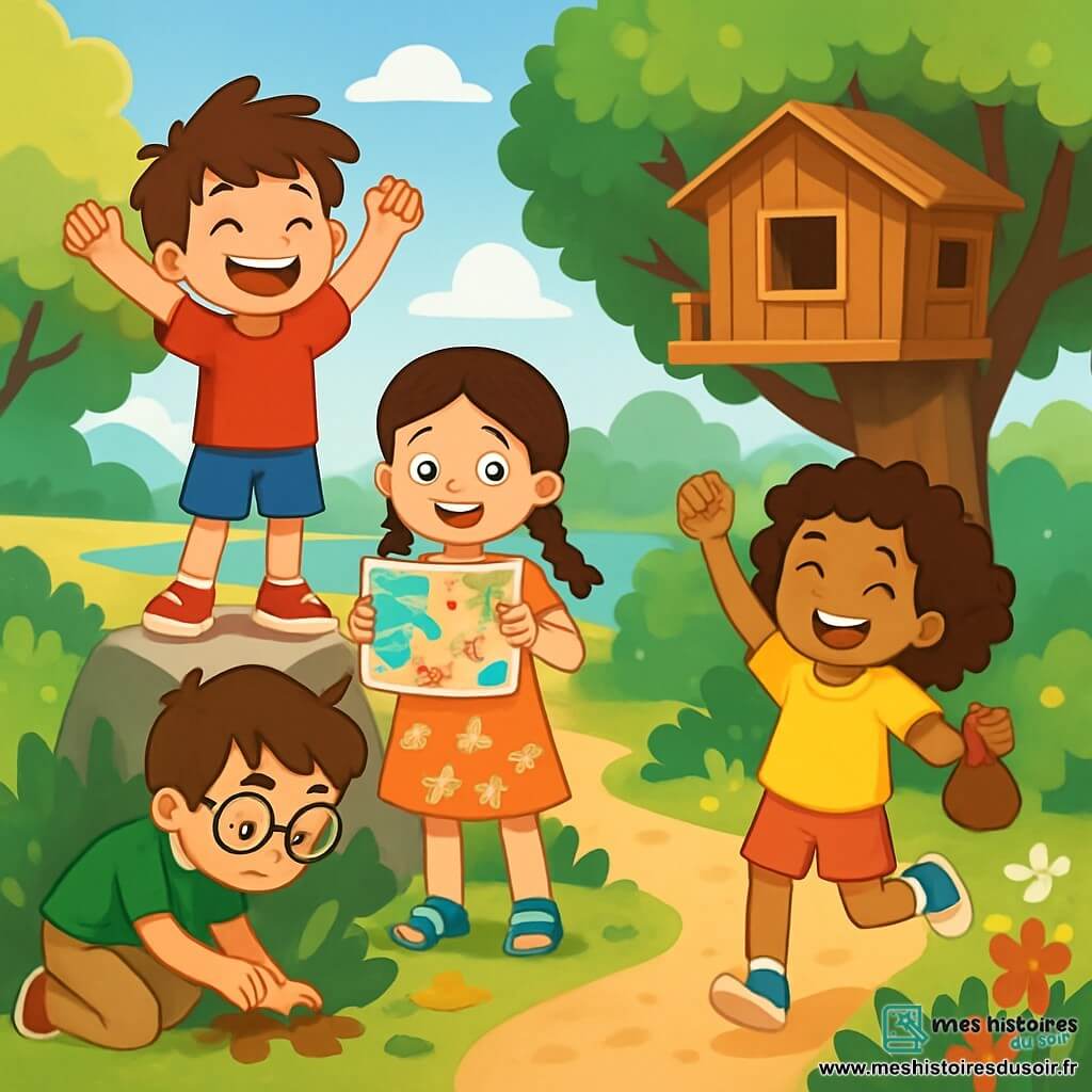 Quatre enfants sont présents : Léo, un garçon de 8 ans avec des cheveux en bataille et un grand sourire, est sur un rocher, les bras levés. Mia, également âgée de 8 ans, a des tresses et tient une carte au trésor à côté de Léo. Jules, portant des lunettes, cherche un indice près d'un arbre. Emma, avec des cheveux bouclés, saute de joie près d'une cabane dans un arbre, un sac de chocolat à la main. L'action se déroule dans un parc ensoleillé, où les enfants participent à une chasse au trésor, créant une atmosphère joyeuse et dynamique.