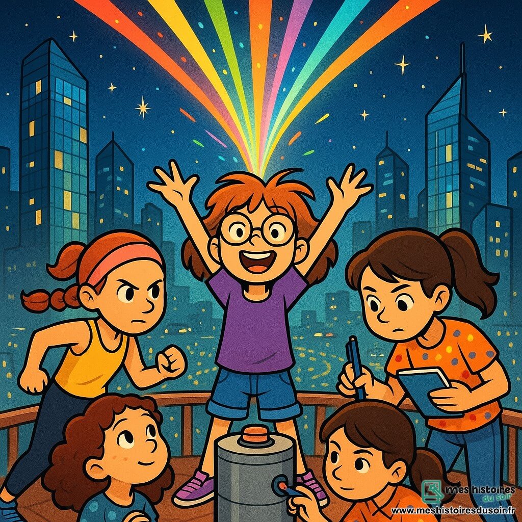 Quatre enfants sont réunis : Clara, une fille de 10 ans avec des cheveux en bataille et des lunettes rondes, porte un t-shirt violet et un short en jean, les bras levés avec un grand sourire. Lila, également âgée de 10 ans, est sportive avec des cheveux tressés et un bandeau rose, vêtue d'un débardeur jaune et d'un pantalon de sport noir, prête à bondir avec une expression déterminée. Sarah, 10 ans, a des cheveux bruns en queue de cheval, porte une blouse colorée et un jean, penchée en avant avec un carnet de notes et un stylo, l'air concentré. Jade, 10 ans, a des cheveux bouclés et une robe bleue à pois, admire les lumières avec un visage rêveur. L'action se déroule au sommet du Grand Panorama, une plateforme d'observation surplombant la ville de Lumiville, illuminée par des gratte-ciel en verre et des étoiles. Les amies activent un générateur d'énergie qui projette des lumières colorées dans le ciel, créant un spectacle magique tout en collaborant pour équilibrer l'énergie de la ville.