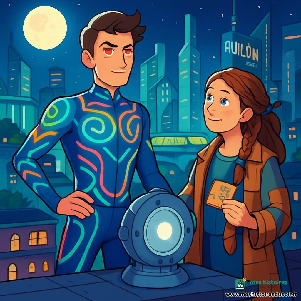 Nolan, un homme mince et énergique d'une trentaine d'années, se tient sur un toit dans un costume futuriste coloré avec des motifs luminescents. Son visage montre une intense détermination, ses yeux cuivrés brillent sous la lune. À ses côtés, Véra, une femme d'une quarantaine d'années, porte un manteau en cartons et tissus colorés, ses cheveux tressés. Elle regarde Nolan avec curiosité, tenant une étiquette brodée. La scène se déroule dans la ville futuriste d'Aquilon, avec des tours en verre, des canaux lumineux et des jardins suspendus. Nolan et Véra préparent un projecteur de bouclier pour protéger les maisons des disparitions mystérieuses, prêts à agir pour sauver leur communauté.