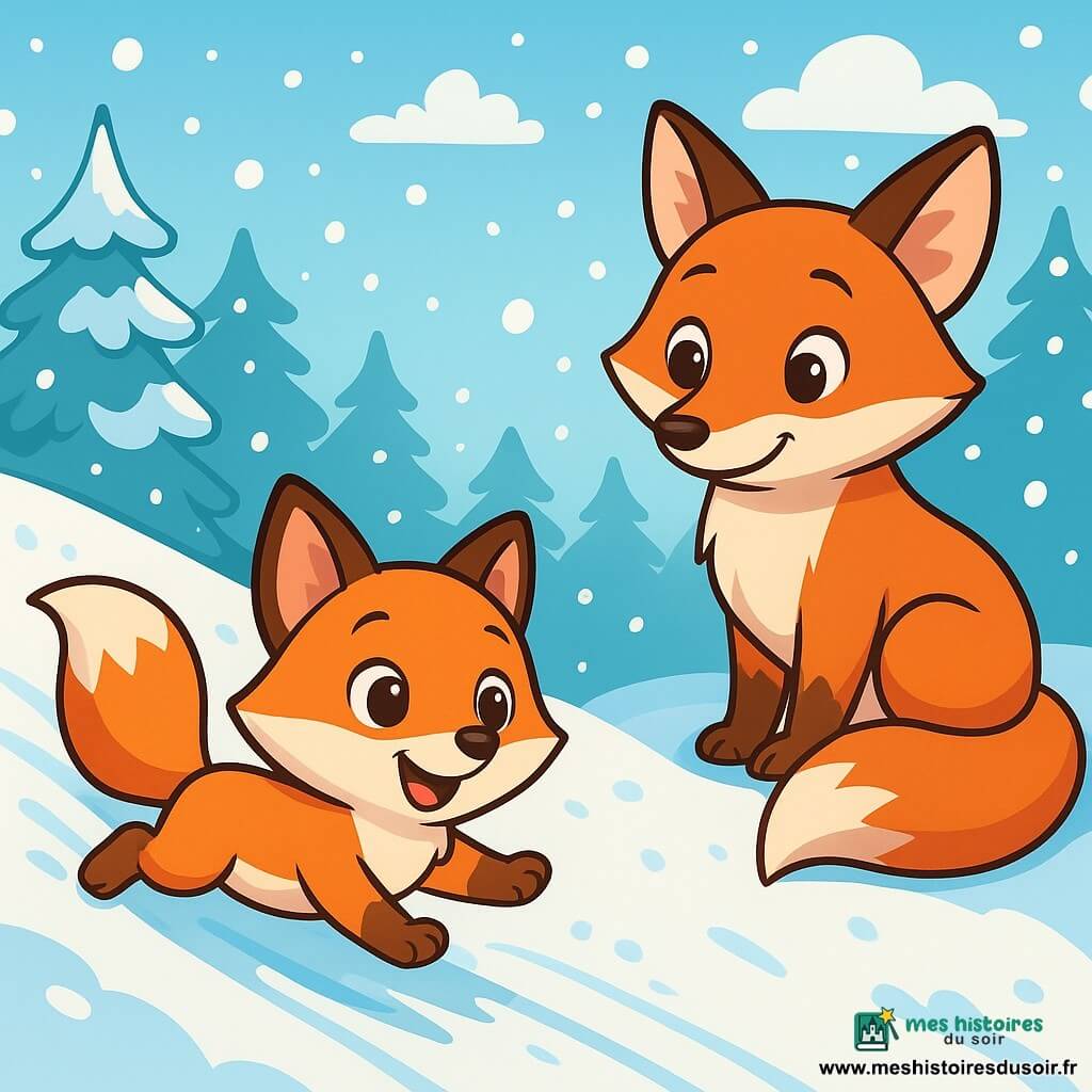 Une petite renarde au pelage roux éclatant glisse joyeusement sur une pente de neige, avec un sourire émerveillé. À côté, sa maman renarde, au pelage légèrement plus sombre, l'observe avec tendresse. La scène se déroule dans une forêt hivernale magique, avec des arbres couverts de neige et un ciel bleu pâle. Lila s'amuse à glisser sur la pente, laissant une trace dans la neige, tandis que sa maman l'encourage.