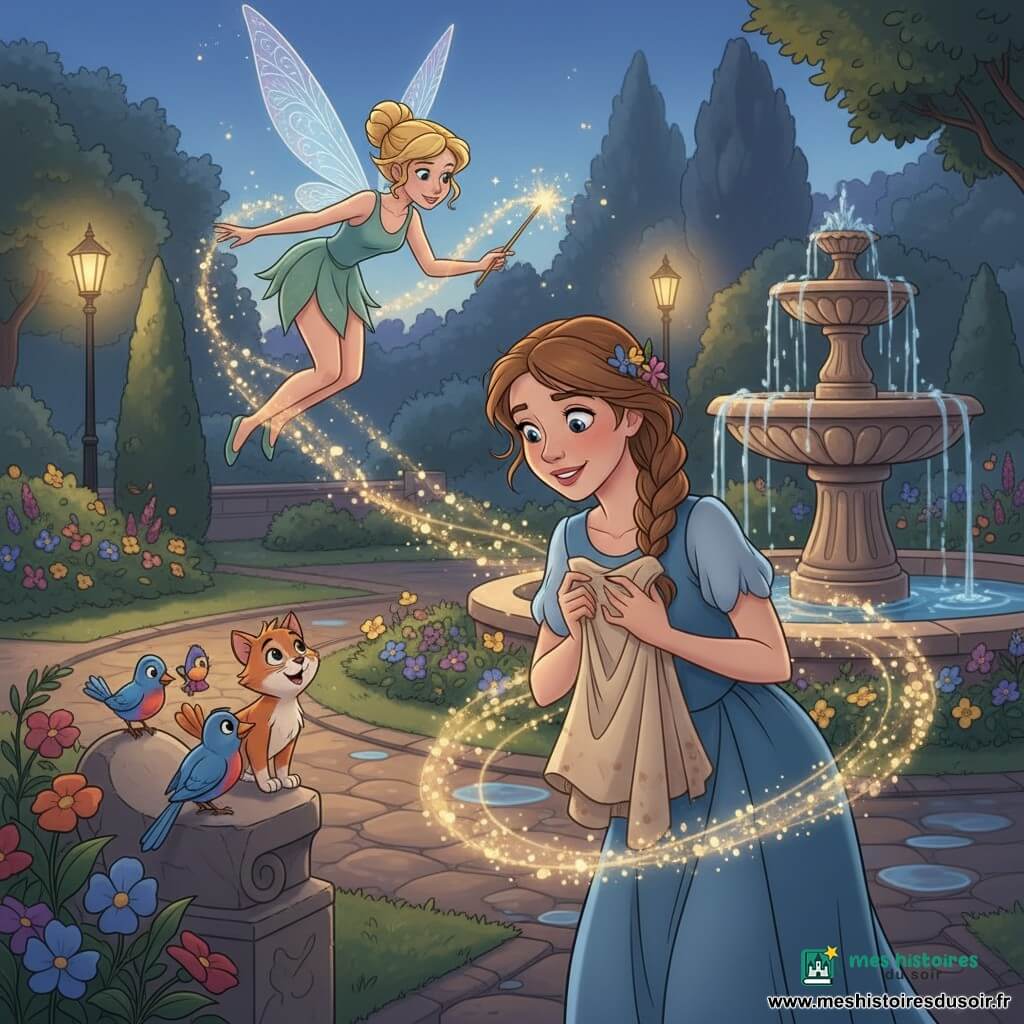 Cendrillon, au premier plan, visage expressif aux grands yeux lumineux et sourire timide, porte une robe simple usée, manches retroussées, tenant un vieux bout de tissu ; peau claire, cheveux châtain clair en tresse désordonnée ornée de fleurs, posture légèrement penchée. Une petite fée féminine flotte à côté d’elle, silhouette fine, ailes translucides irisées, cheveux blonds bouclés, aura dorée d’étincelles, tend une baguette scintillante vers la robe qui se transforme en robe de bal scintillante tandis que poussière lumineuse tourbillonne. Autour, des oiseaux colorés et un petit chat roux observent depuis une borne en pierre. Lieu : jardin public au crépuscule avec allée pavée mouillée, parterres de fleurs bleues, pourpres et jaunes, fontaine en pierre et buissons taillés, lampadaires à lueur chaude. Atmosphère magique d’émerveillement et d’espoir, couleurs saturées mais douces, contours nets, textures détaillées et éclairage crépusculaire aux reflets dorés.