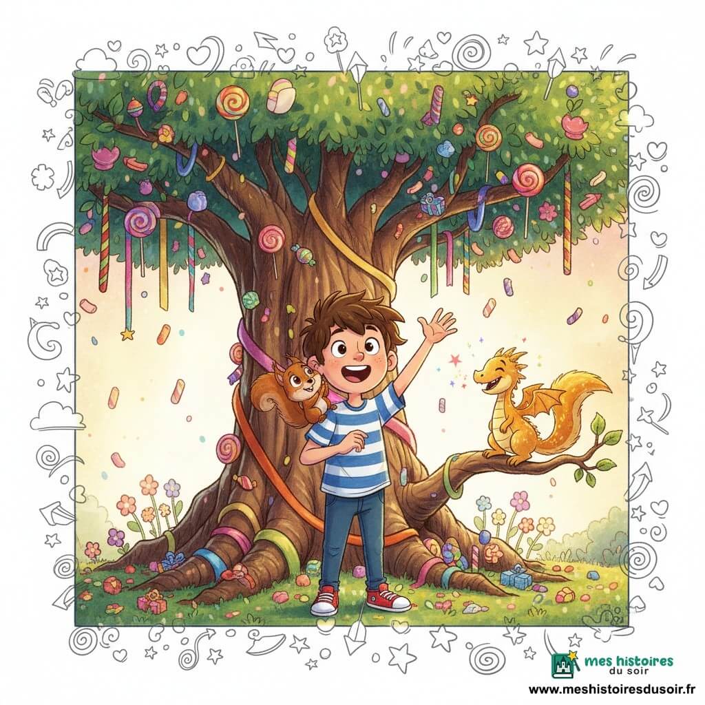 Un garçon de 8 ans, visage rond, cheveux bruns en bataille, yeux pétillants et sourire malicieux, vêtu d’un t‑shirt rayé bleu et de baskets rouges, raconte une blague en levant la main, joyeux ; à droite, un petit dragon farceur nommé Flamouille aux écailles dorées et ailes courtes souffle des étincelles multicolores depuis une branche basse ; sur l’épaule gauche, l’écureuil roux Édouard aux grands yeux curieux applaudit ; décor : le Grand Arbre à Bonbons, tronc noueux orné de rubans, branches chargées de sucettes géantes, guimauves et bonbons multicolores, sol couvert de fleurs scintillantes et de petits paquets cadeaux ; le garçon fait rire l’arbre qui secoue ses branches et fait tomber une pluie de bonbons, ambiance lumineuse aux couleurs saturées, style illustré doux avec contours légèrement crayonnés et overlay de petits doodles (notes de musique, étoiles, confettis).