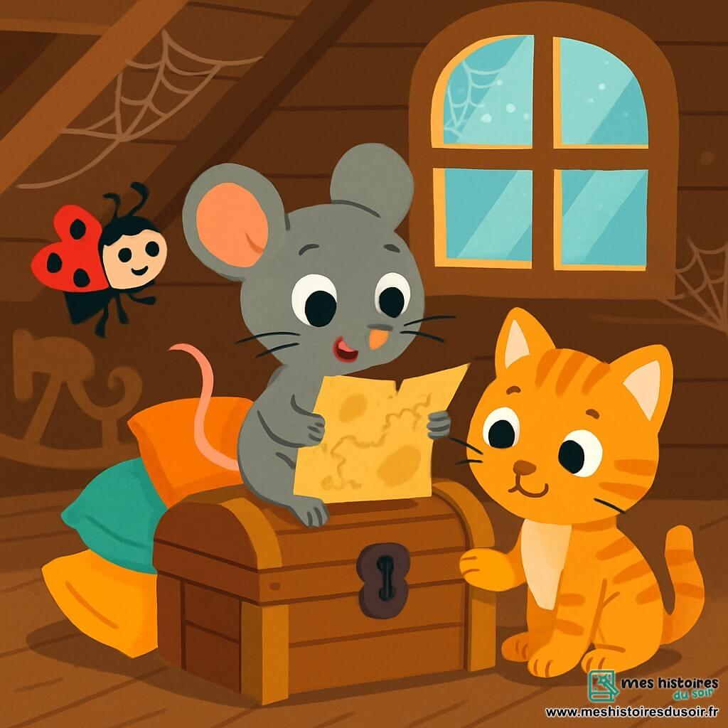 Une petite souris grise nommée Noisette, avec de grands yeux brillants, regarde une carte au trésor avec curiosité. Elle est assise sur un vieux coffre en bois, entourée de coussins colorés. À côté d'elle, Lili la coccinelle sourit en volant autour d'elle, tandis que Filou le chaton, assis sur le sol, observe la carte avec intérêt. Le grenier est rempli de vieux jouets et de rayons de lumière filtrant à travers une fenêtre poussiéreuse. Noisette, Lili et Filou se préparent à partir à l'aventure pour découvrir le trésor caché.