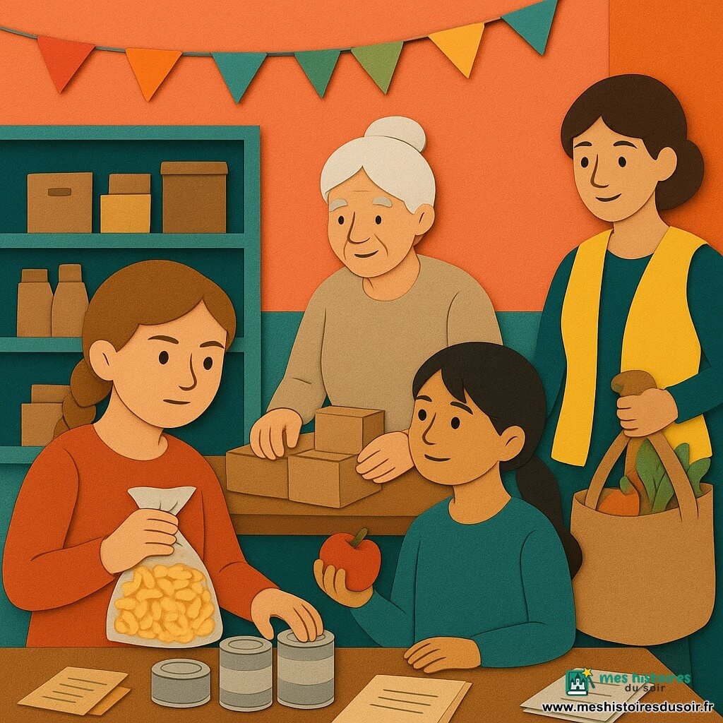 Salle associative colorée où se tient une préparation collective de colis alimentaires : une fille de 12 ans au visage rond et tresse châtain clair, déterminée, range des conserves et tient un sachet de pâtes ; Sofia, 12 ans, cheveux noirs en queue de cheval, sourire timide, tient une pomme et se tient à ses côtés ; madame Bernard, ~70 ans, cheveux blancs en chignon, mains rugueuses, supervise derrière la table ; Aline, ~25 ans, gilet jaune et coupe courte, accueille à l'entrée avec un sac en toile rempli de légumes ; étagères garnies, guirlandes en papier, table en bois avec conserves, flyers et carnets, ambiance chaleureuse et solidaire, lumière douce et contrastes nets.