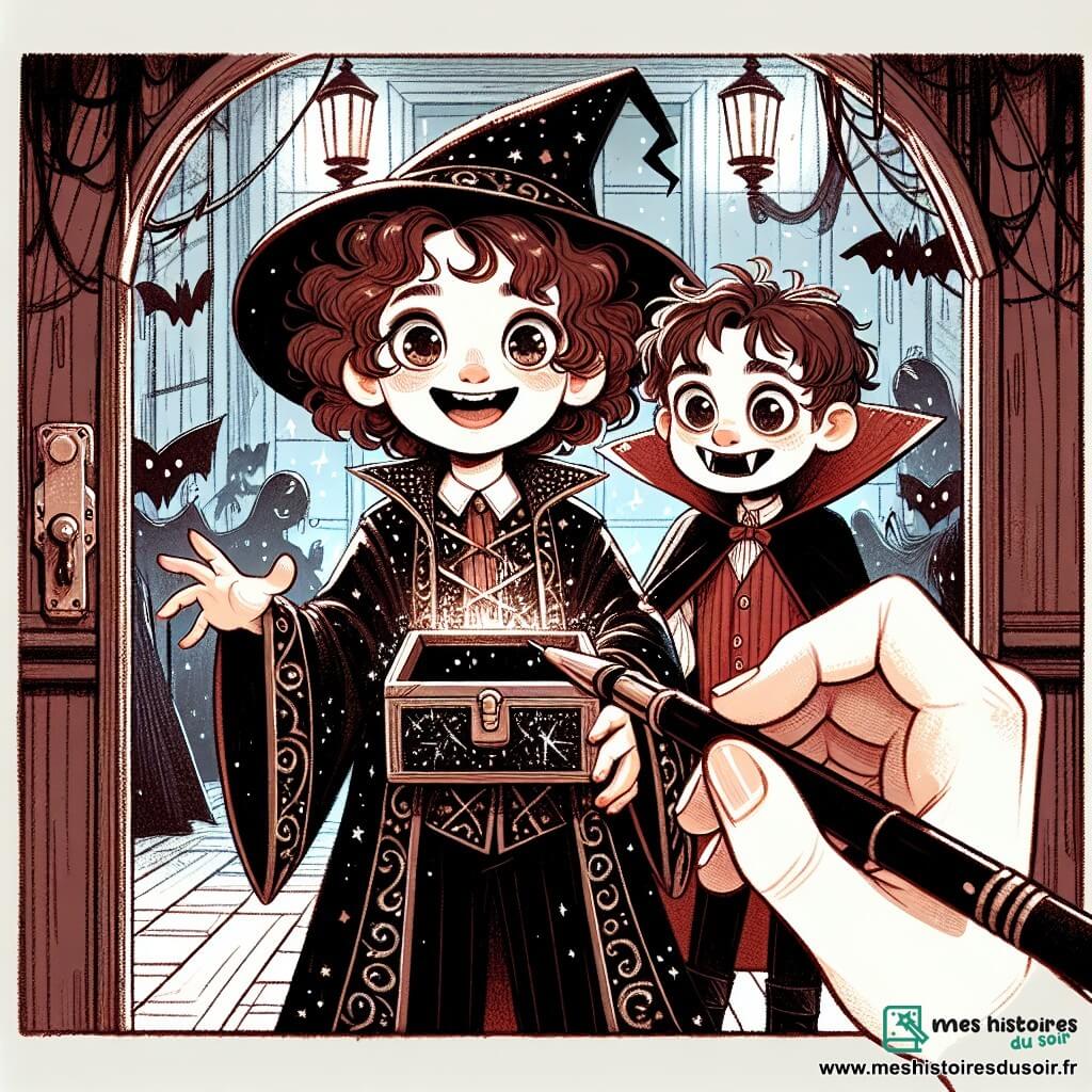 Clara, 12 ans, aux cheveux bruns et bouclés, porte un costume de sorcier noir avec des motifs scintillants. Elle a des yeux pétillants et un large sourire, tenant une petite boîte noire. À ses côtés, Sam, également 12 ans, déguisé en vampire avec une cape rouge, l'observe avec enthousiasme et appréhension. La scène se déroule dans un manoir hanté, avec des ombres sur les murs et des toiles d'araignées. Des lumières vacillantes créent une atmosphère mystérieuse, tandis que des miroirs déformants reflètent des images étranges. Clara et Sam se tiennent devant une porte ancienne, prêts à ouvrir la boîte magique qui pourrait les transporter dans un monde féerique, leurs cœurs battant d'excitation et de peur.