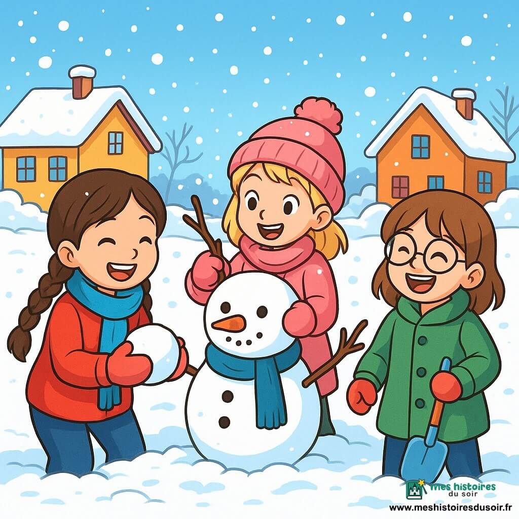 Il y a trois personnages : Louise, une fille de 8 ans avec de longs cheveux bruns et des tresses, souriante avec une boule de neige dans les mains, habillée d'un pull rouge et d'une écharpe bleue ; Eva, une fille de 9 ans aux cheveux blonds, décorant un bonhomme de neige avec un manteau rose et un bonnet à pompon ; et Zoé, une fille de 8 ans avec des cheveux châtains et des lunettes rondes, riant avec une pelle à neige, vêtue d'un manteau vert. Elles sont dans un jardin enneigé, entouré de maisons sous un ciel bleu clair, créant un bonhomme de neige ensemble, dans une ambiance joyeuse et hivernale.