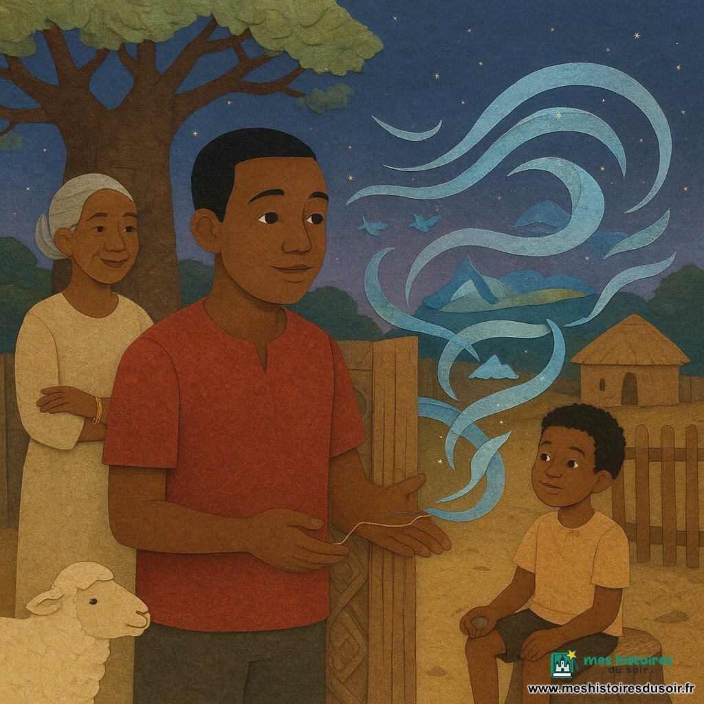 Kofi, jeune homme à la peau brune et cheveux courts, visage rond et regard émerveillé, tient un fil d'or sur sa paume et pose l'autre main sur une porte en bois sculptée; derrière lui à gauche, Nana Sita, vieille femme aux cheveux gris en chignon et bracelets tintants, sourit les mains croisées; à droite, un garçon d'environ huit ans aux cheveux crépus est assis sur une souche de baobab, tenant une petite pierre; près de la palissade, Bissau, vieux mouton crème aux yeux mi-clos, tourne la tête vers la porte; la scène se déroule dans une cour de village sous un grand baobab aux larges racines, sol ocre, enclos en bois et maisons rondes à toit de chaume au loin, ciel crépusculaire étoilé; Kofi ouvre la "porte du vent" qui vibre doucement et un souffle représenté par des rubans de papier bleu clair et argent tourbillonne autour du groupe, apportant de petites images découpées de rivières, montagnes et oiseaux.