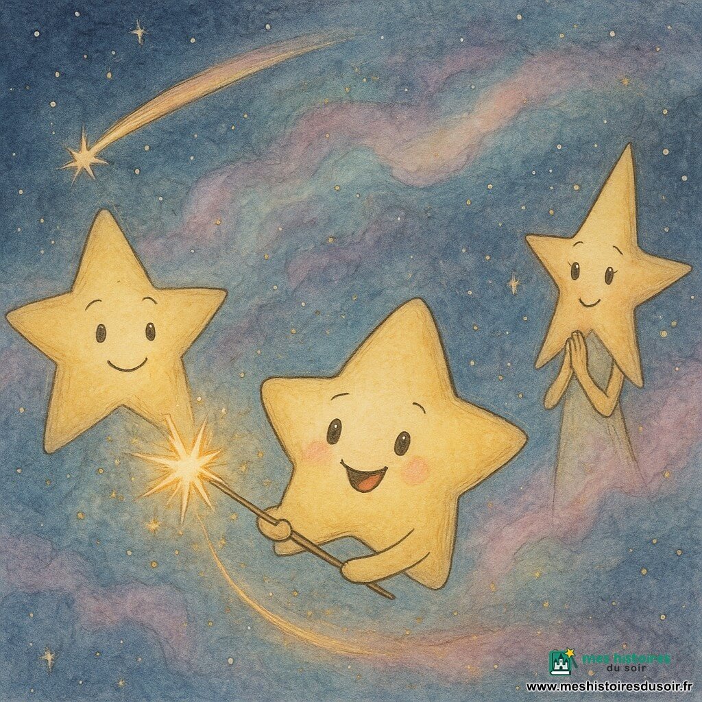 Étoillette, petite étoile ronde aux pointes douces, sourit radieuse et trace avec une baguette d'étincelles les lignes lumineuses de sa propre constellation; Sirius, grande étoile anguleuse et bienveillante, l'observe depuis la gauche, bras lumineux croisés et sourire encourageant; Vega, élancée et élégante, se tient à droite en retrait, les yeux émerveillés, applaudissant doucement avec des traînées de poussière; une comète filante traverse en diagonale, queue or-rose brillante; derrière, un rideau de gaz turquoise, lavande et rose pâle ponctué d'étincelles dorées; le décor est un vaste ciel nocturne profond parsemé d'étoiles scintillantes, bandes de nébuleuses pastel et points lumineux doux, créant une ambiance chaleureuse, magique et joyeuse.