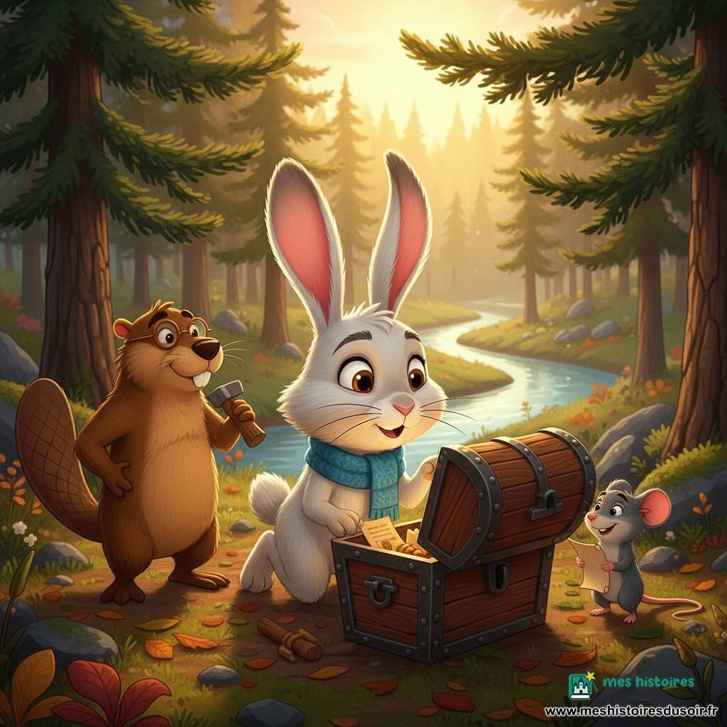 Léo, un lapin blanc aux grandes oreilles roses et yeux noisette, s'agenouille, émerveillé, pour ouvrir un coffre ancien; il porte une petite écharpe bleue, ses pattes sont légèrement terreuses et ses moustaches frémissent. Miette, une minuscule souris grise au sourire malicieux, tient un parchemin à droite, tandis que Victor, un castor brun trapu à lunettes et queue texturée, se tient à gauche avec un outil sur l'épaule. La clairière ensoleillée au pied de pins, avec une rivière sinueuse en arrière-plan, encadre le coffre sculpté entrouvert révélant parchemins jaunis et petites reliques en bois, baigné d'une lumière dorée; atmosphère chaleureuse, textures bois et mousse, silhouettes cel-shading, ambiance d'émerveillement et d'amitié.