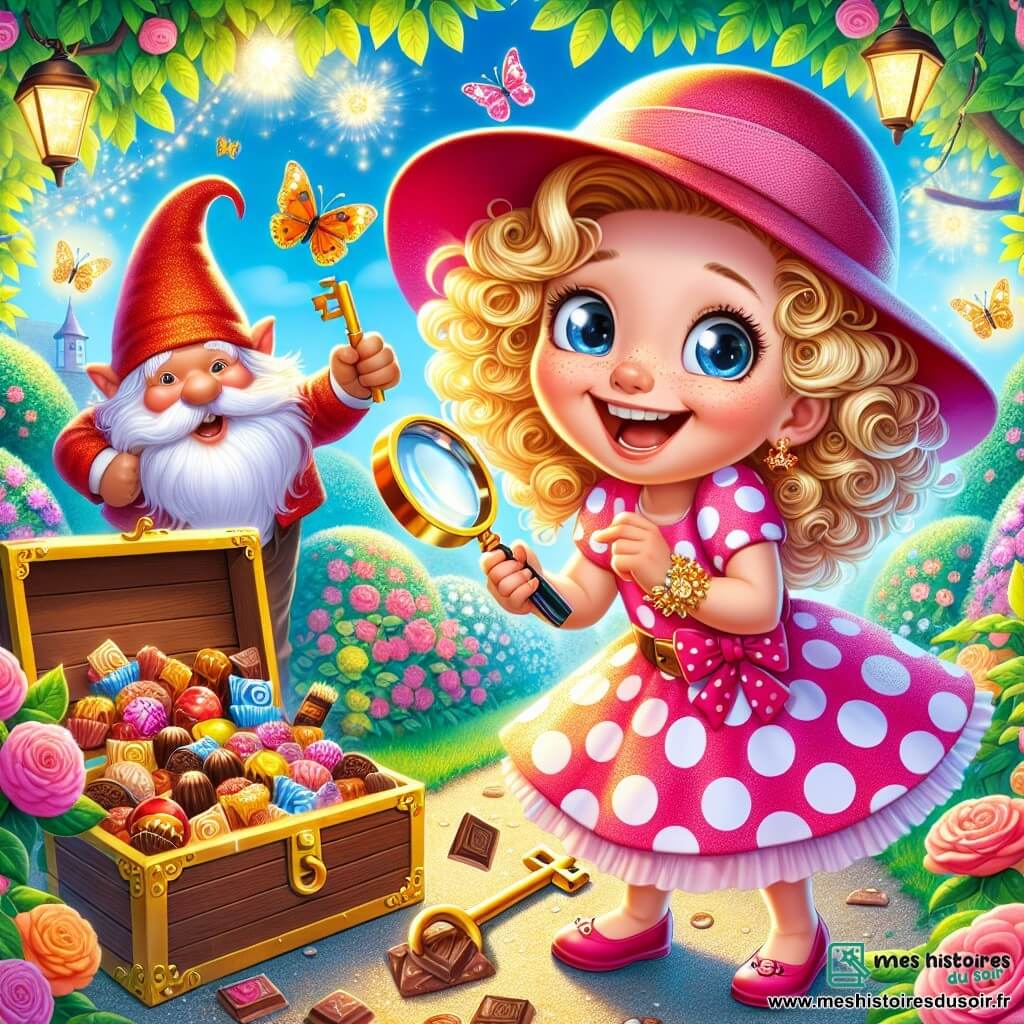 Zoé, une fille de 6 ans aux cheveux bouclés et dorés, porte une robe rose à pois et un chapeau de détective. Elle sourit en tenant une loupe et une clé en or, devant un coffre en bois ouvert rempli de chocolats et de bonbons. À côté d'elle, un nain de jardin souriant, avec un chapeau rouge et une barbe blanche, rit de la danse de Zoé. Le jardin est coloré, rempli de fleurs, de papillons et d'un grand chêne aux feuilles brillantes. Zoé, joyeuse, découvre son trésor après avoir résolu une énigme, dans une atmosphère magique.