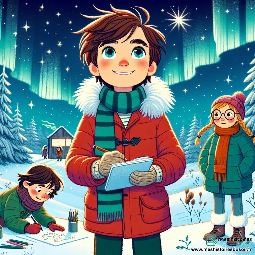 Lucas, un garçon de 11 ans aux cheveux bruns en bataille et aux joues rosies, se tient au sommet d'une colline enneigée, souriant et dessinant dans son carnet. Il porte un manteau rouge, une écharpe rayée et des gants. À ses côtés, Clara, 10 ans, admire le ciel étoilé dans une doudoune bleue, tandis que Maxime, 11 ans, s'émerveille des aurores boréales dans un manteau vert et des lunettes rondes. Le paysage est enchanteur, avec des arbres chargés de neige et un ciel nocturne illuminé par les aurores boréales. Les trois enfants sont captivés par la beauté de l'hiver.