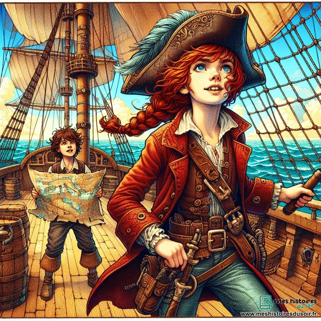 La Capitaine Éloïse, femme pirate aux cheveux flamboyants, se tient sur le pont de son navire, la "Fureur des Mers", portant un chapeau orné d'une plume et une veste en cuir rouge. Elle scrute l'horizon à la recherche d'une île mystérieuse. À ses côtés, Léon, un jeune mousse de 12 ans, hisse les voiles avec enthousiasme. Clara, la navigatrice de 14 ans, est concentrée sur la carte maritime. Le pont du navire est baigné par le soleil des Caraïbes, avec des voiles blanches gonflées par le vent et un ciel bleu éclatant en arrière-plan. Éloïse, Léon et Clara se préparent pour leur prochaine aventure à la recherche du trésor légendaire de Barbe-Noire.