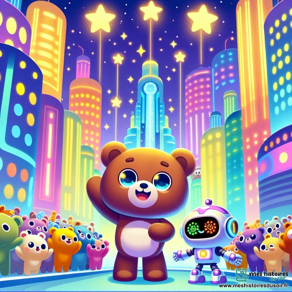 Un ours brun nommé Bobo, avec un pelage doux et des yeux curieux, se tient joyeusement devant une grande machine à bonbons, les bras levés en signe de victoire. À ses côtés, Riri, un robot aux yeux brillants, danse avec enthousiasme, ses bras métalliques agitant dans les airs un grand sourire. Le décor de Lumiville, une ville futuriste illuminée par des lumières scintillantes, présente des bâtiments colorés ressemblant à des arbres géants et des étoiles brillantes dans le ciel. La scène montre Bobo et Riri distribuant des bonbons en forme d'étoiles à une foule d'ours joyeux, tous émerveillés par les friandises, créant une ambiance festive et joyeuse, illustrant l'esprit d'amitié et de partage.