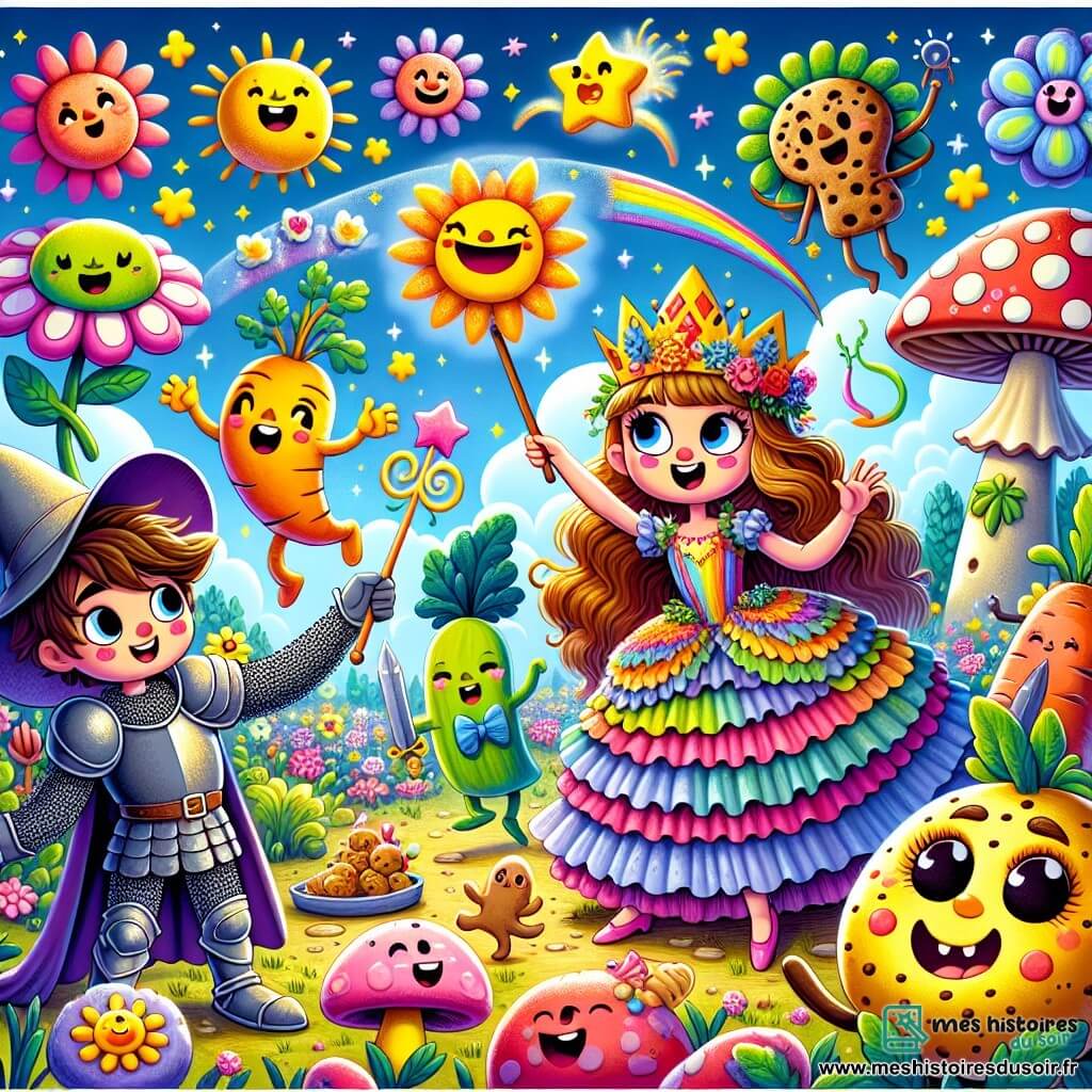 La princesse Pétillante, une fillette joyeuse d'environ 10 ans, porte une robe à volants arc-en-ciel et une couronne bancale. Ses cheveux bouclés et dorés brillent au soleil, et elle sourit espièglement tout en brandissant une épée en marshmallow, prête à affronter les défis du jardin magique. À ses côtés, le chevalier Croquette, un garçon d'environ 12 ans avec des cheveux bruns en bataille et une armure en chocolat, observe la scène avec curiosité, tenant un bouclier en biscuit. Le jardin magique est féerique, rempli de fleurs dansantes, de légumes aux visages amusants et de champignons géants colorés. Pétillante et Croquette se tiennent face aux trois sorcières : Barbichette, BadaBoom et Gigote, qui rient aux éclats tandis que les fleurs dansent autour d'elles, créant une ambiance drôle et magique.