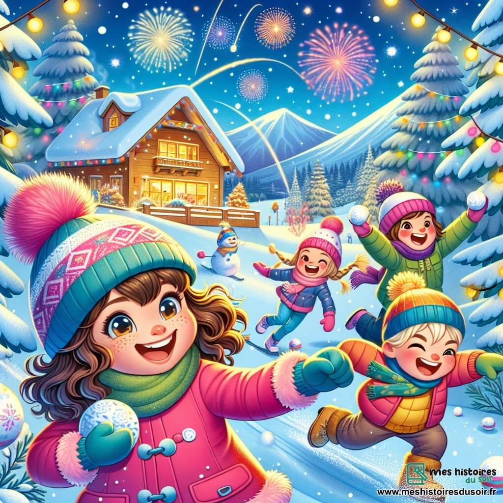 Zoé, une fille de 8 ans aux cheveux bruns et bouclés, porte un manteau rose vif et un bonnet à pompon. Elle a des yeux pétillants d'excitation et un grand sourire, prête à lancer une boule de neige. À côté d'elle, Lucas, un garçon de 9 ans avec un bonnet bleu, rit en tenant une boule de neige. Aya, une fille de 8 ans aux cheveux blonds tressés, se trouve un peu en arrière, riant en essayant d'éviter une boule de neige. La scène se déroule dans une station de ski magique, entourée de sapins recouverts de neige, sous un ciel étoilé avec des feux d'artifice. Au loin, un chalet chaleureux est illuminé par des guirlandes colorées. Zoé et ses amis s'amusent à jouer à une bataille de boules de neige, riant et courant dans la neige fraîche, tandis que l'esprit de la fête du Nouvel An les enveloppe de joie et d'amitié.