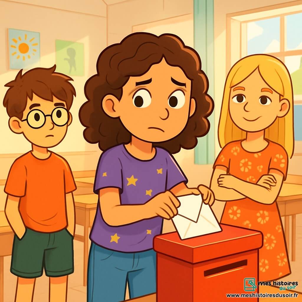 Lina, une fille de 12 ans aux cheveux châtains bouclés et aux yeux curieux, se tient au centre d'une salle de classe lumineuse, hésitante mais déterminée, avec un t-shirt violet et un jean décontracté. Elle tient une lettre qu'elle s'apprête à insérer dans une boîte rouge brillante. À sa droite, Romane, sa meilleure amie, la soutient avec un sourire, tandis qu'à gauche, Jules, un garçon aux cheveux bruns en bataille et lunettes rondes, observe pensivement. La classe est décorée de dessins d'enfants et d'une grande carte du monde. Lina réfléchit à l'importance de l'honnêteté dans ses relations.