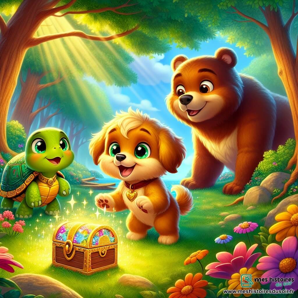 Max, un petit chien doré aux yeux curieux, se tient au centre d'une clairière, joyeux et excité. À ses côtés, Tilly, une tortue aux motifs colorés, sourit gentiment, tandis qu'un ours brun au regard chaleureux les observe amicalement. La scène se déroule dans une clairière enchantée, entourée d'arbres majestueux et de fleurs géantes, avec un coffre en bois scintillant au centre. Ensemble, ils découvrent un trésor de sagesse, un coffre rempli de livres magiques, symbolisant l'amitié et l'aventure, et se promettent de partager leurs histoires et de vivre de nouvelles aventures.