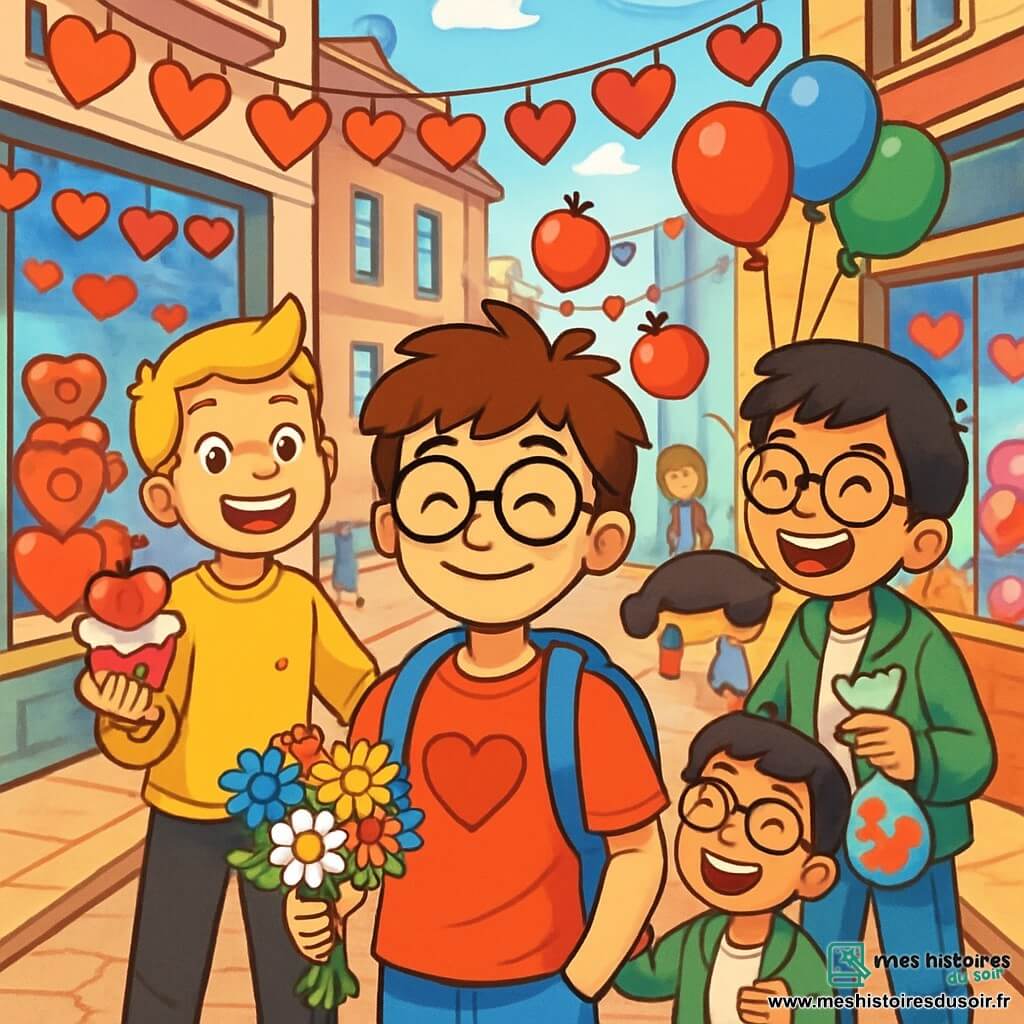 Quatre enfants célèbrent la Saint-Valentin dans la rue des Cœurs en Fête, décorée de guirlandes et de ballons. Tom, 10 ans, souriant au centre, tient un bouquet de fleurs. À sa gauche, Arthur montre un cupcake en forme de cœur. À sa droite, Yanis, riant, tient un sachet de bonbons. Derrière, Maxime jongle avec des pommes. Ils partagent des bonbons et rient, préparant une chasse au trésor dans une ambiance festive et joyeuse.