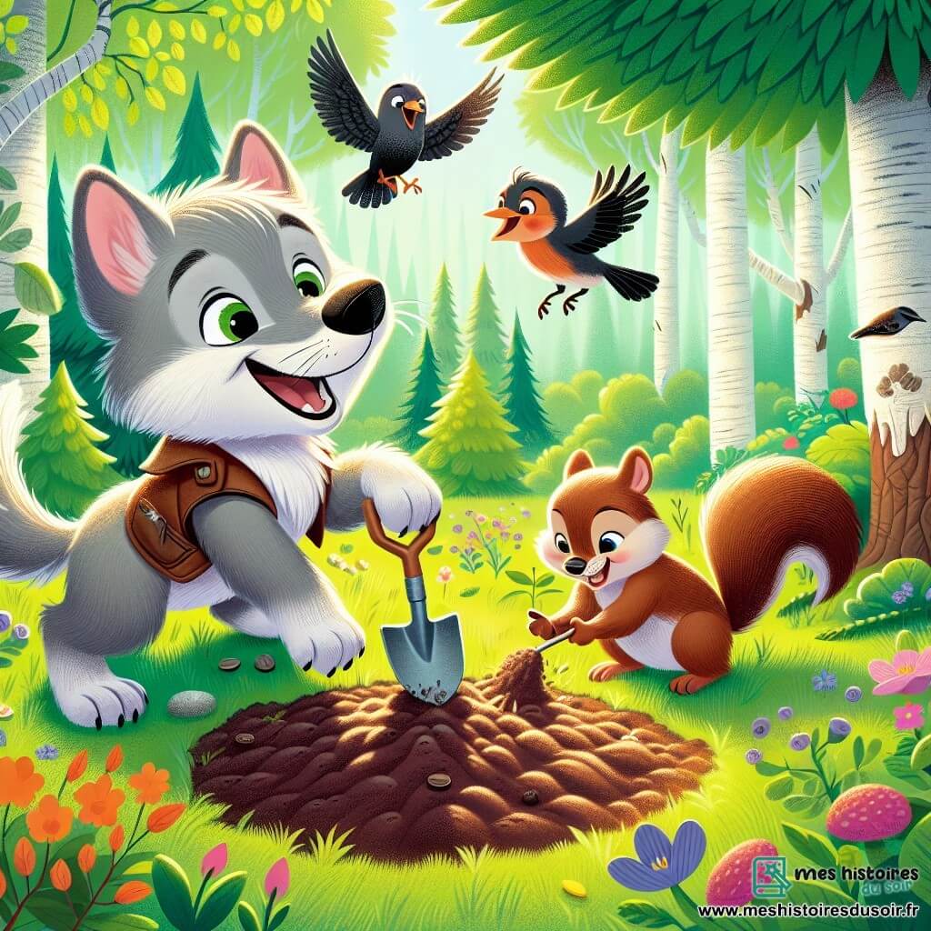 Dans une clairière ensoleillée de la forêt, un petit loup nommé Léo, avec un pelage gris et des yeux curieux, plante des graines avec enthousiasme. À ses côtés, un merle joyeux chante pour l'encourager, tandis qu'un écureuil espiègle, tenant une petite pelle, rit en le regardant. La clairière, entourée d'arbres majestueux et de fleurs colorées, crée une atmosphère joyeuse et printanière. Léo, plein d'énergie, symbolise le renouveau et la camaraderie parmi les animaux de la forêt.